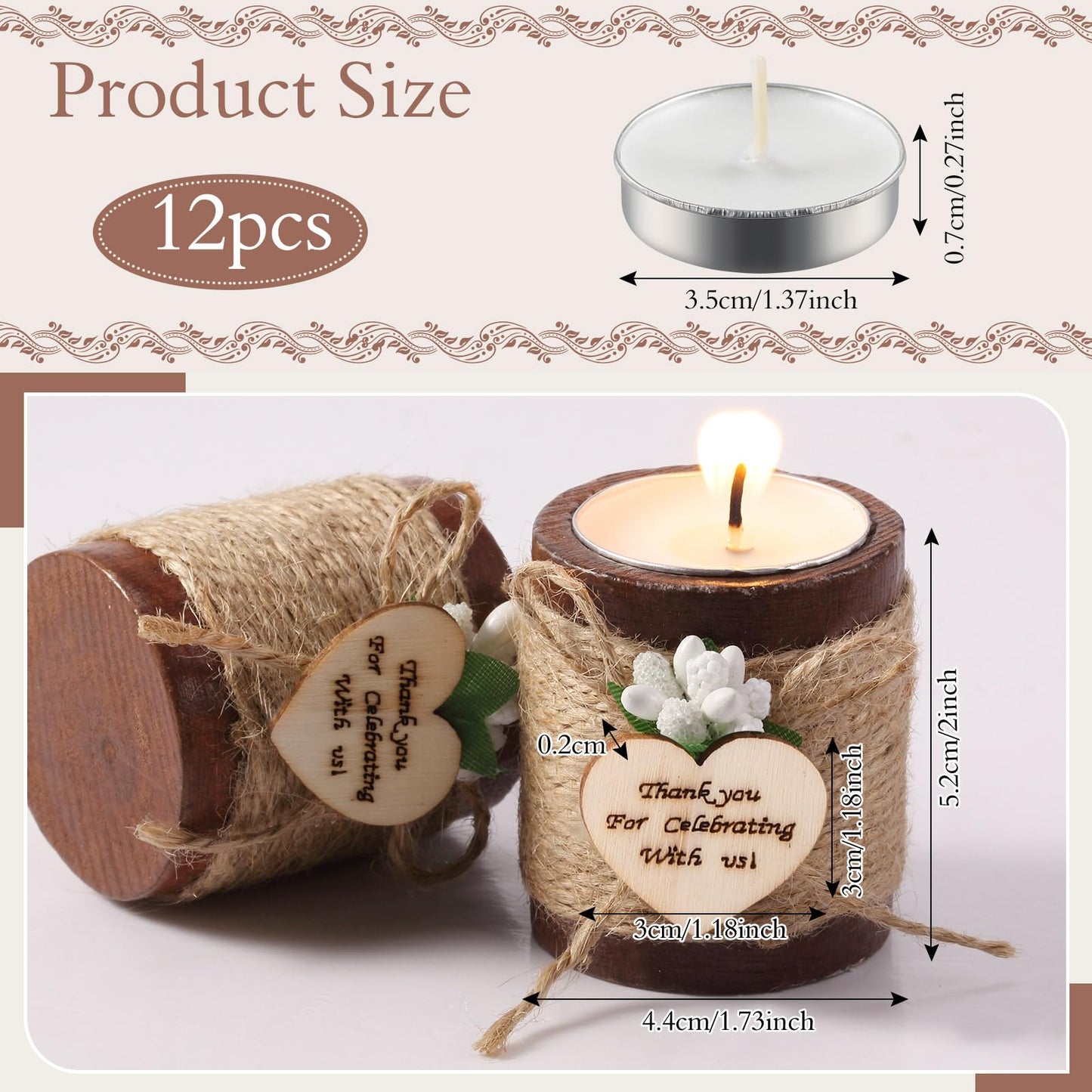 Treela 12 Pcs Wood Tealight Candle Holder Bridal Shower Tealight Holder Rustic Wooden Cylinder Candle Holders with Tea Lights Candles for Wedding Baby Shower Party Favors Gift(Brown)