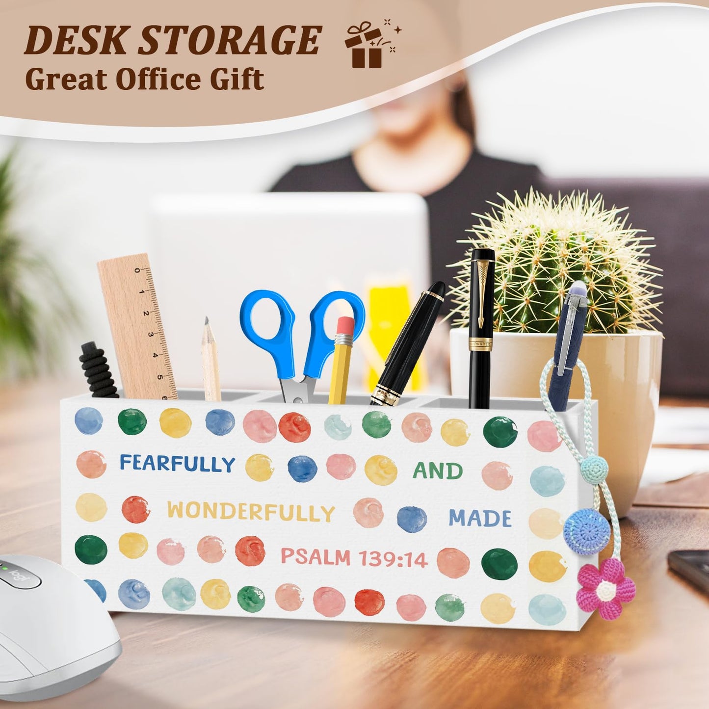 WODMIS Christian Pen Pencil Holder for Desk, Christian Gifts for Women, Fearfully and Wonderfully Made Bible Verse Wooden Box Organizer Decorations for Home Office Desk Accessories Tabletop