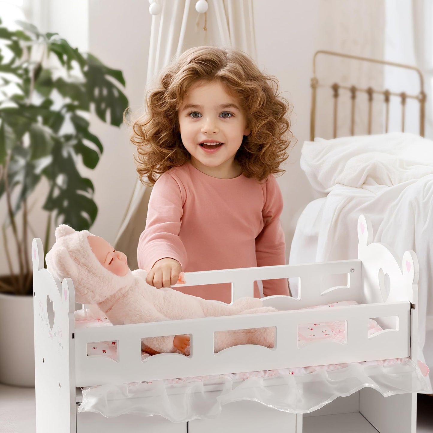 ROBOTIME Baby Doll Crib – Wooden Baby Doll Changing Table with Storage – Bedding & Hooks, Fits 18-21" Dolls, Doll Bed Playset for Girls Ages 3+