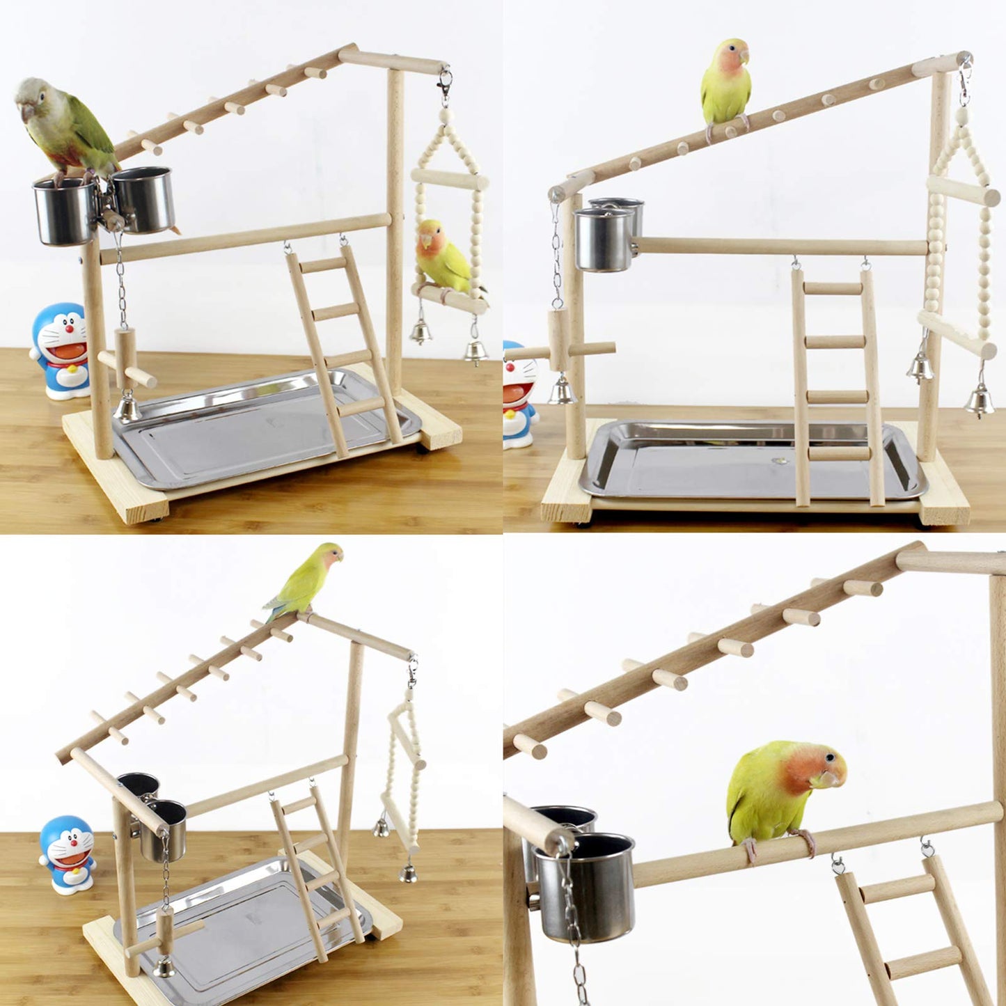 Ibnotuiy Parrot Playstand Bird Playground Birdcage Wood Perch Stand Ladder Swing with with Feeder Cups Birds Play Gym Cockatiel Playground Include Hanging Bell Swing Ladders