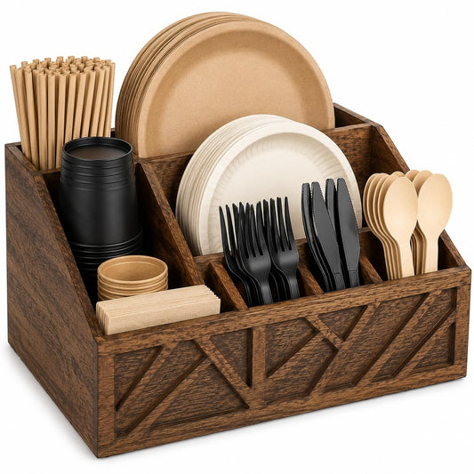Seerova Living Premium 6 Compartment Wooden Paper Plate and Utensil Organizer – Heavy Duty Silverware & Napkin Caddy for Party, Picnic, BBQ, Kitchen Countertop, Vanity Makeup Storage