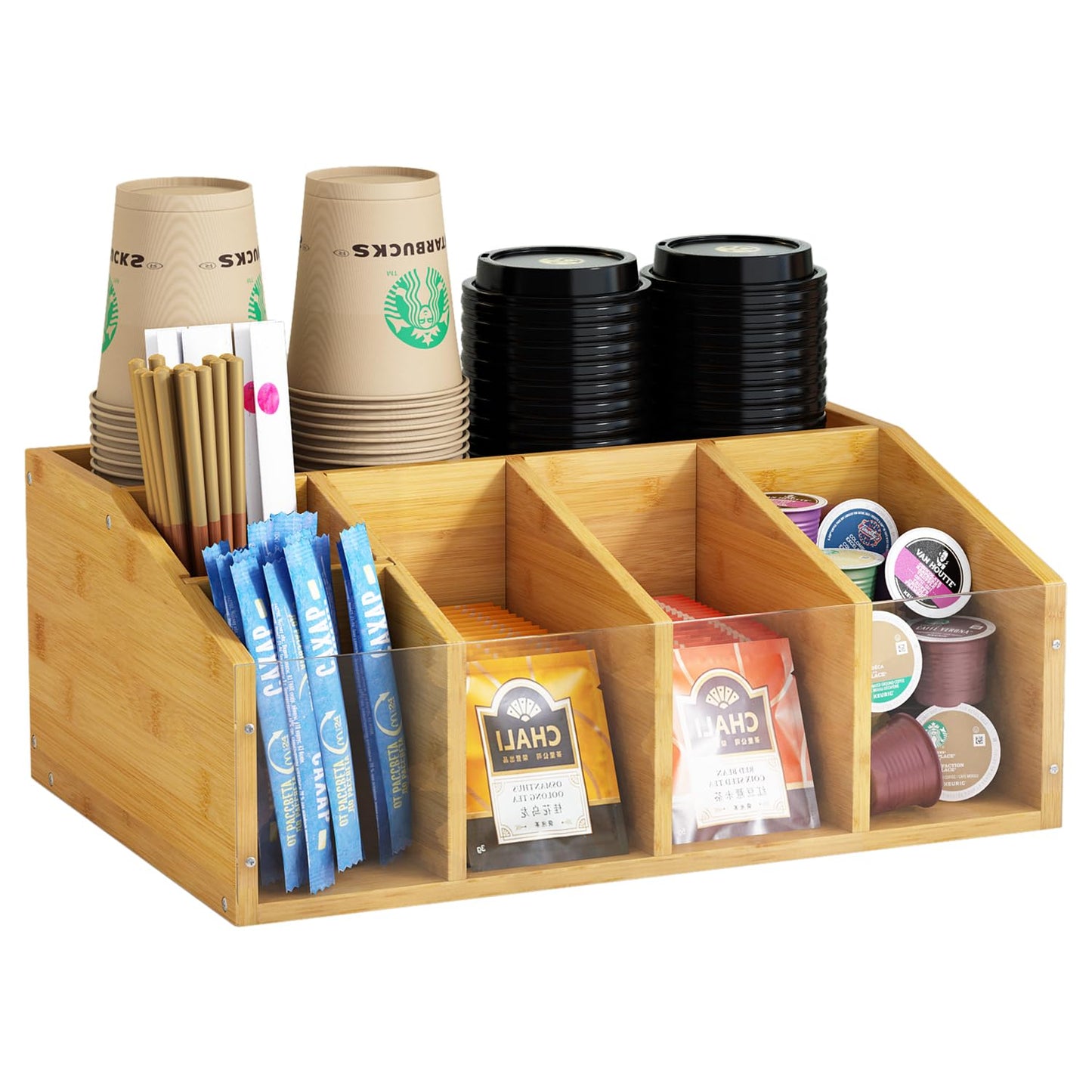 AEEHFENG Coffee Station Organizer Condiment Organizer for Countertop Farmhouse Coffee Caddy with Removable Dividers Small Cute Office Bar Accessories for Tea Bags, Pods, Syrup, Cups, and Stirrer