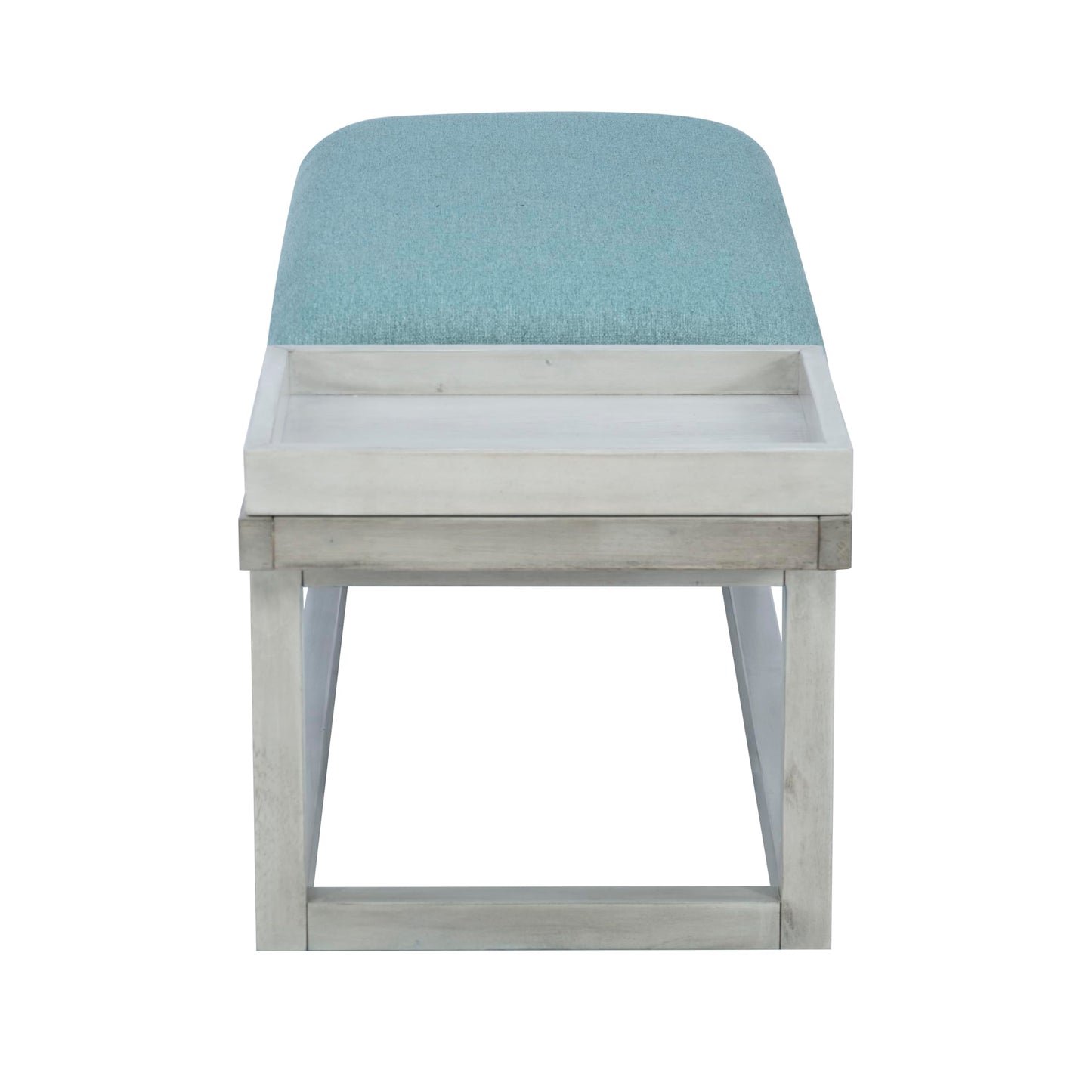 Powell Oakland White Washed Wooden Bench with Aqua Upholstered Seat and Removable Wood Tray