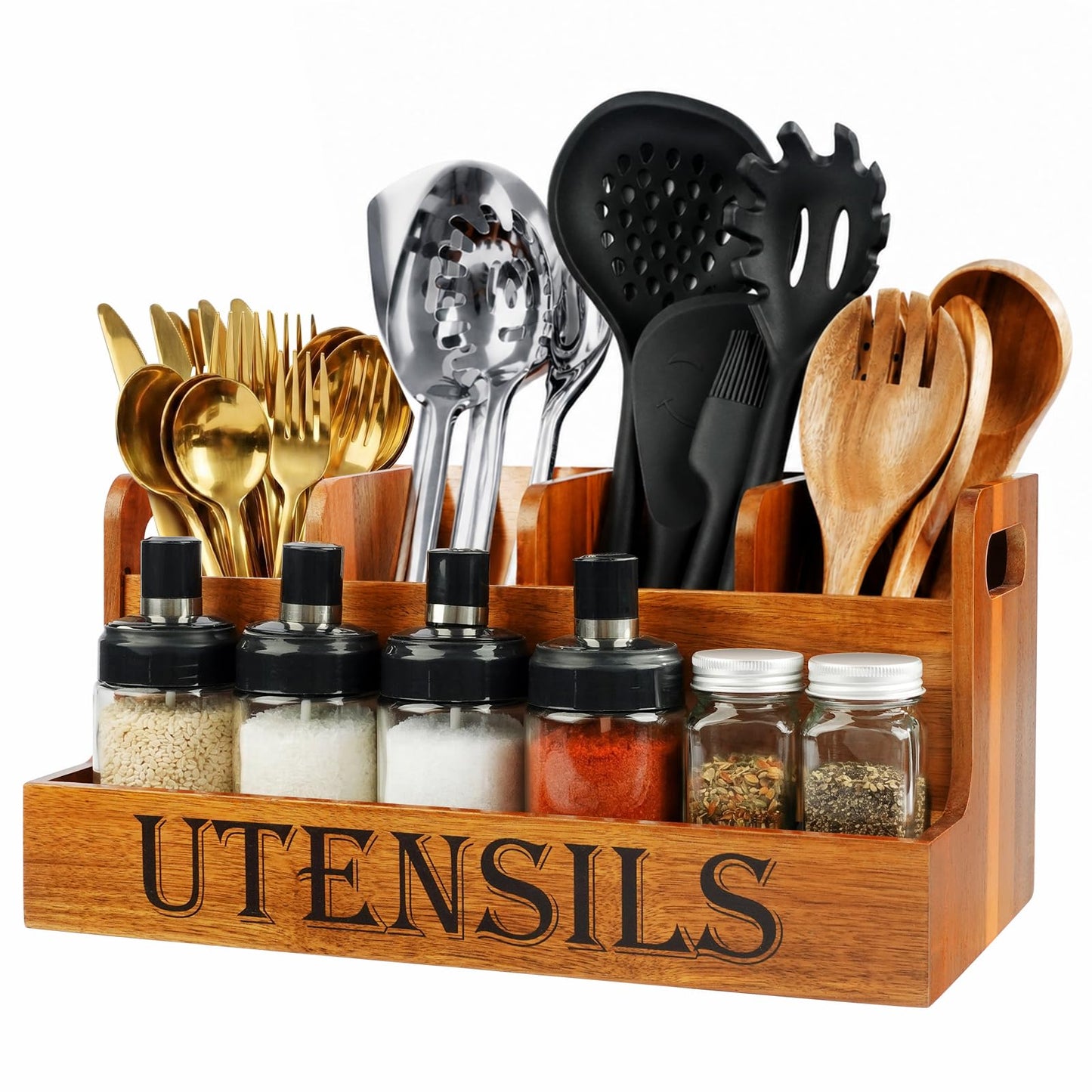 TREWAVE Wooden Utensil Holder for Kitchen Countertop, Large Acacia Wood Kitchen Utensil Organizer with 4 Compartments, Farmhouse Silverware Caddy for Spatula, Ladle & Cooking Tools