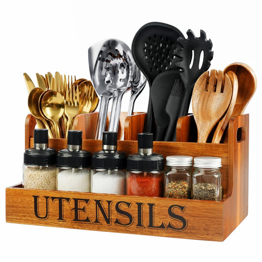 TREWAVE Wooden Utensil Holder for Kitchen Countertop, Large Acacia Wood Kitchen Utensil Organizer with 4 Compartments, Farmhouse Silverware Caddy for Spatula, Ladle & Cooking Tools