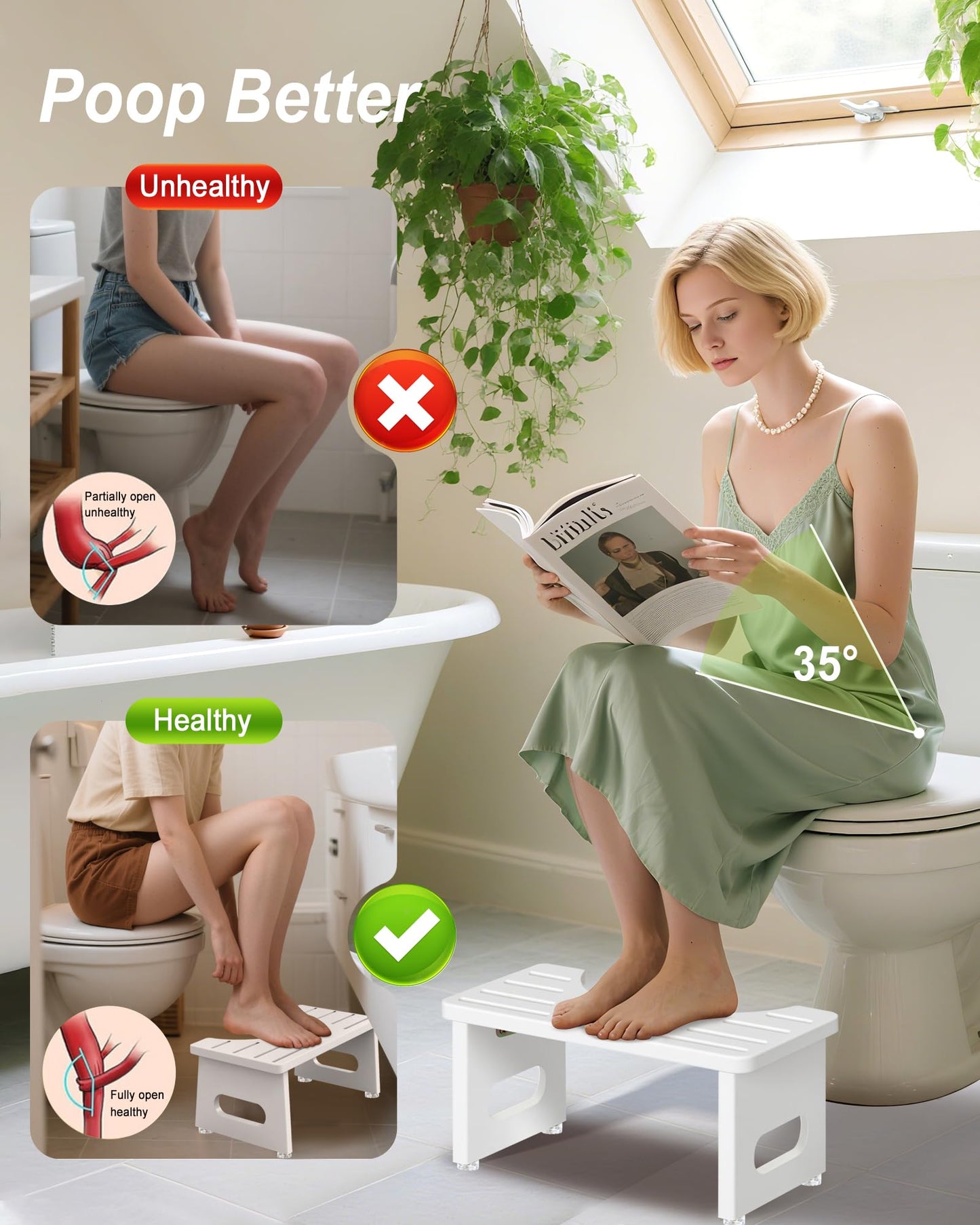 YOSE Squatting Potty for Adults, Foldable Bamboo Toilet Stool Squat Adult, No Assembly Required, Sturdy Poop Stool Adult for Small Bathrooms, Space-Saving Bathroom Foot Stool