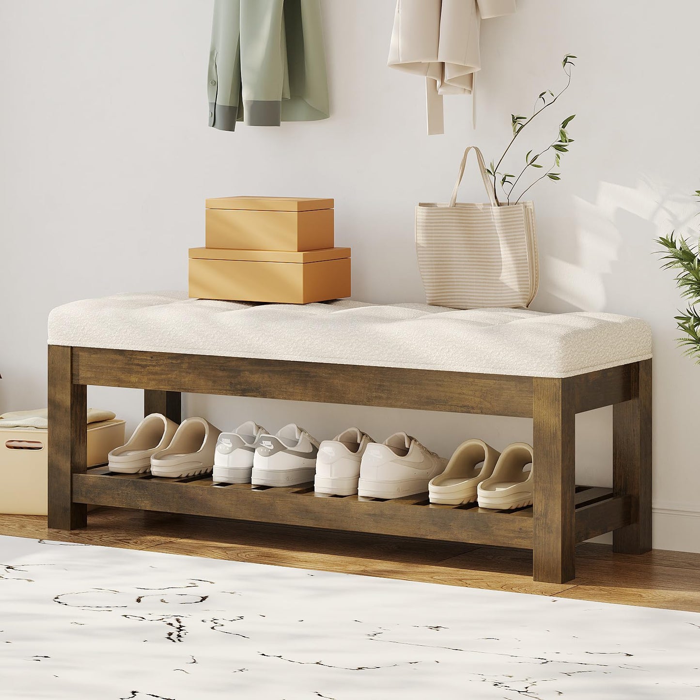 Welfuturer Large Upholstered Ottoman Bench Entryway Storage Benches Tufted Linen Ottoman Bench with Wood Shelf Padded End of Bed Bench for Bedroom Living Room Hallway Decor