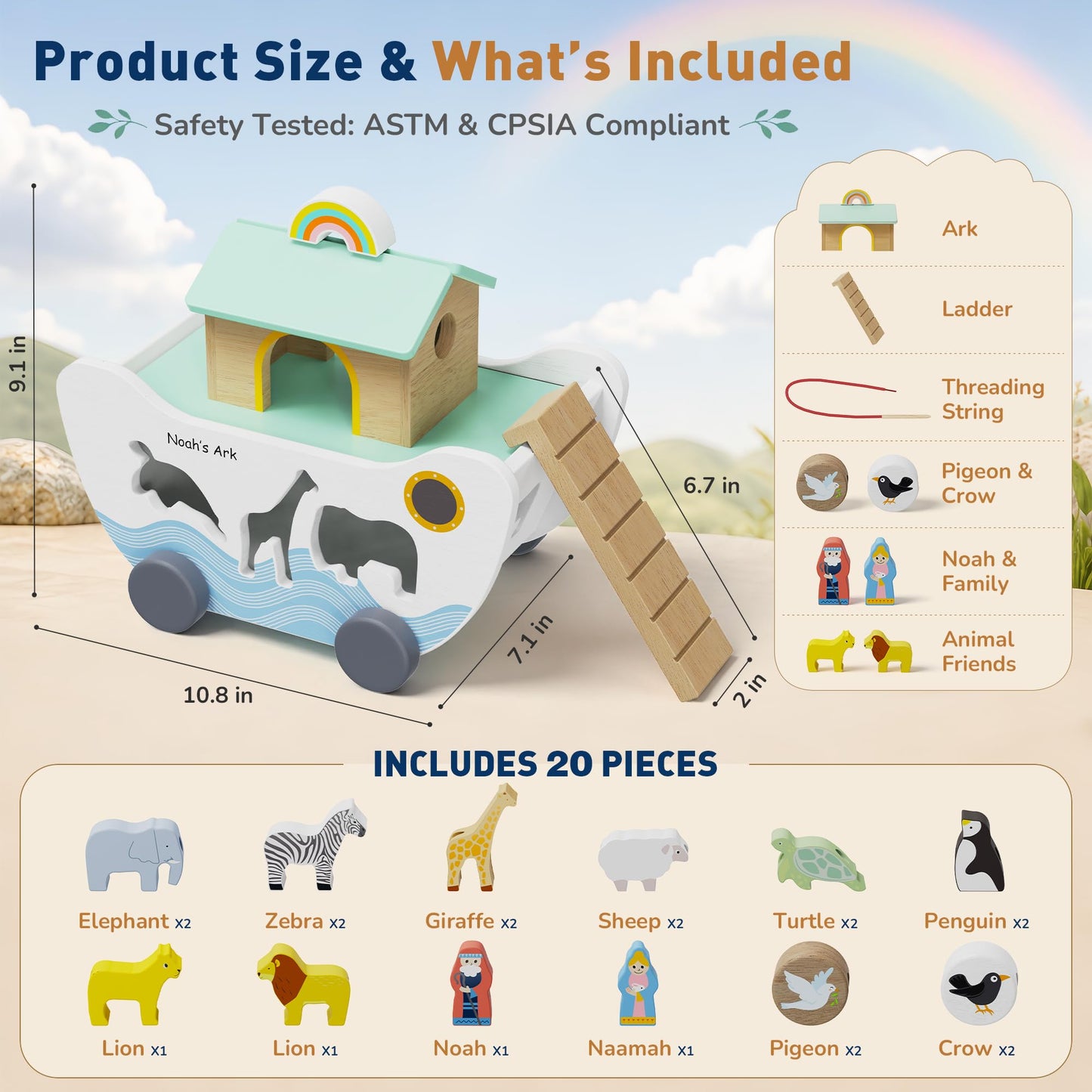 GiggleGems Noah's Ark Wooden Toy - All-in-1 Push Pull Shape Sorter for Toddlers - Montessori Animal Matching Set - Baptism Christening Gift for Birthday, Religious Toys for Boys Girls (18M+)
