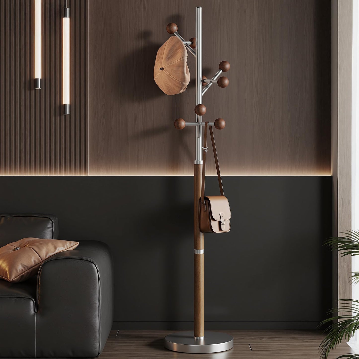 WOOW DEPOT Coat Rack Freestanding, Metal Coat Tree with 9 Rubber Wood Hooks, Heavy Duty Coat Hanger Stand with Marble and Stainless Steel Base, Standing Hall Tree for Clothes, Hats, Bags, Jacket