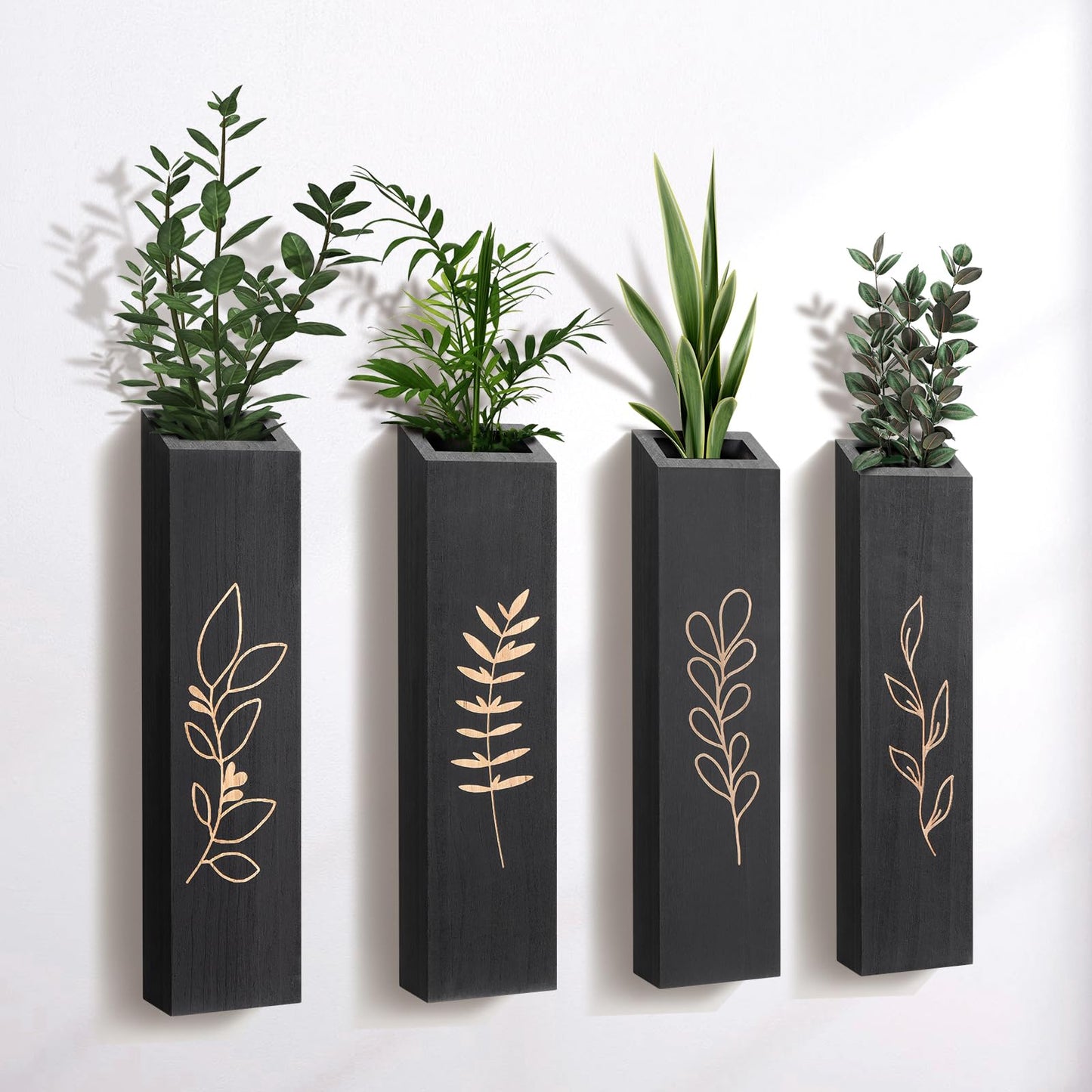 BOTOP Wood Wall Planter, Farmhouse 4 Pack Indoor Pocket Wall Vases Decor for Living Room Bedroom Dried Flowers Faux Greenery Plants (Black)