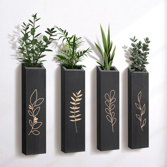 BOTOP Wood Wall Planter, Farmhouse 4 Pack Indoor Pocket Wall Vases Decor for Living Room Bedroom Dried Flowers Faux Greenery Plants (Black)
