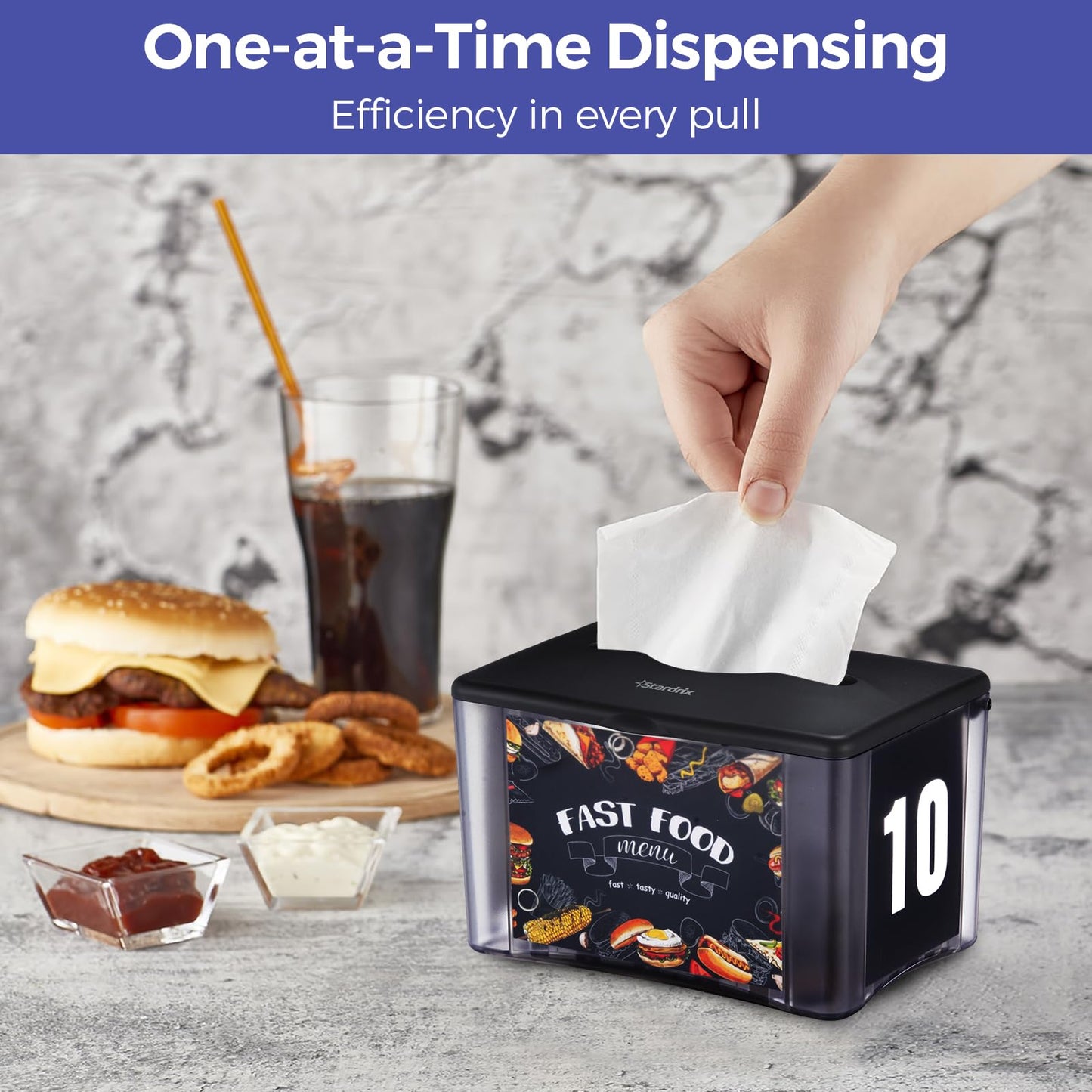 Stardrix Interfold Tabletop Napkin Holder, Spring Loaded Commercial Restaurant Napkin Dispenser with 4-Sided Marketing Insert Display, Easy-Access Black Napkin Dispenser for Counters & Tables