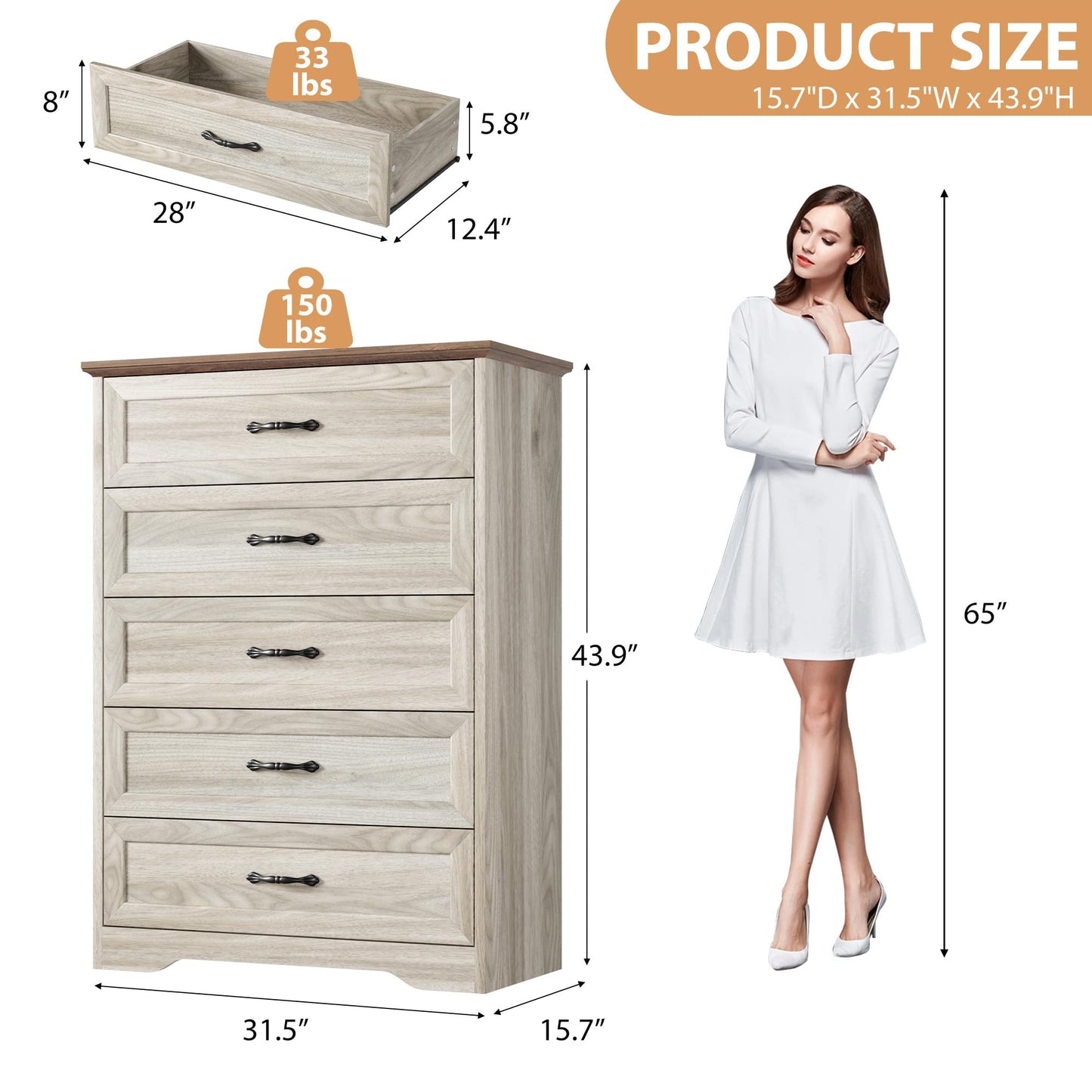 Garvee 5 Drawers Dresser for Bedroom,Chest of Drawers with Wide Metal Handle,Farmhouse Modern Wooden Tall Dresser,Natural Texture,Storage Organizer for Bedroom,Living Room,Kids Room(Beige)