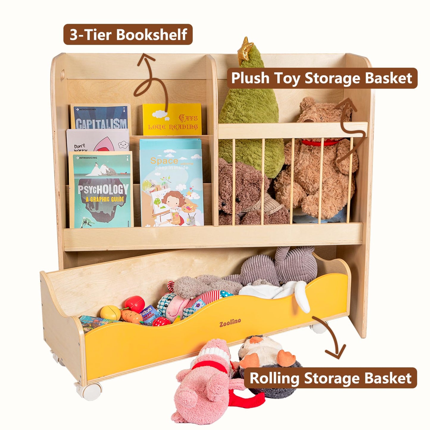 Zoolino 3-in-1 Kids Bookshelf and Toy Storage Organizer, Wooden Book Shelf for Kids Rooms with Large Stuffed Animal Storage & Removable Bins, Space-Saving Nursery Furniture for Toddlers, Natural