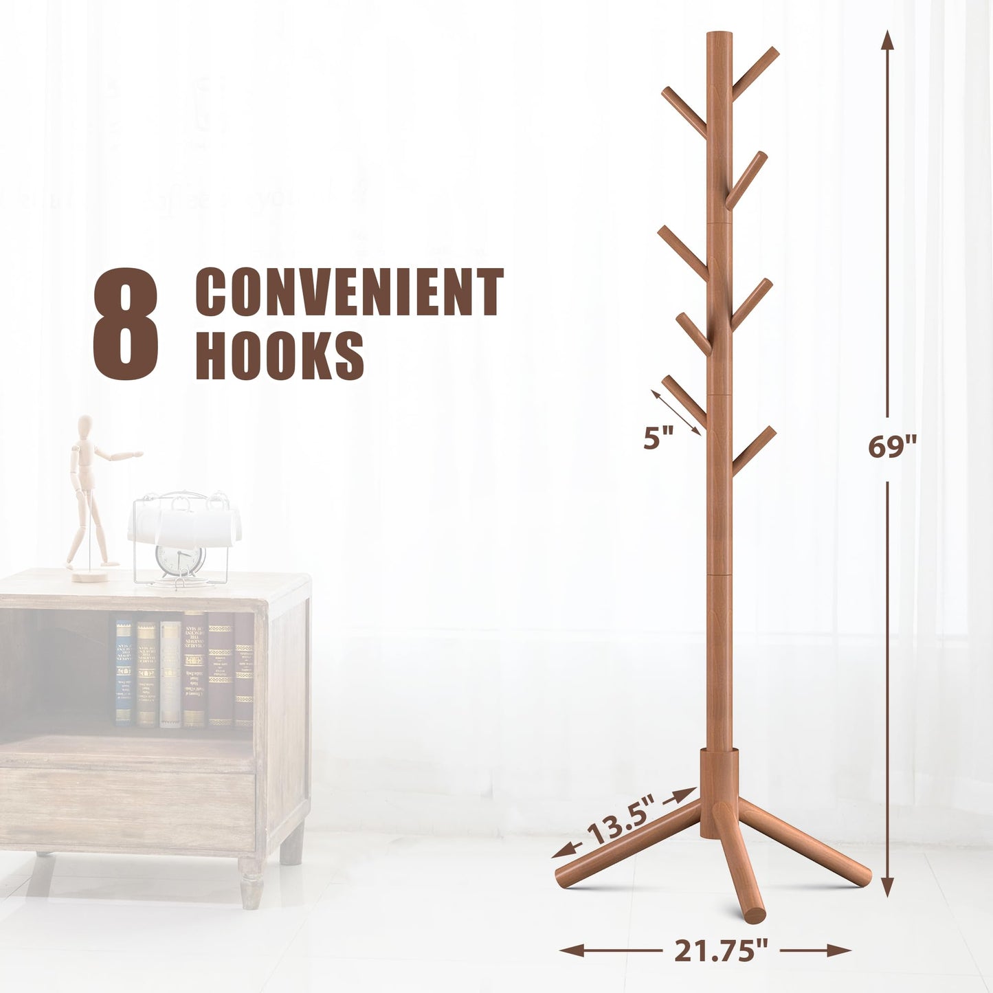 Haddockway Wooden Coat Rack Stand with 8 Hooks New Zealand Pine 3 Adjustable Coat Standing Tree Easy Assembly for Coats, Hats, Scarves and Handbags for Entryway, Hallway, Bedroom, Office
