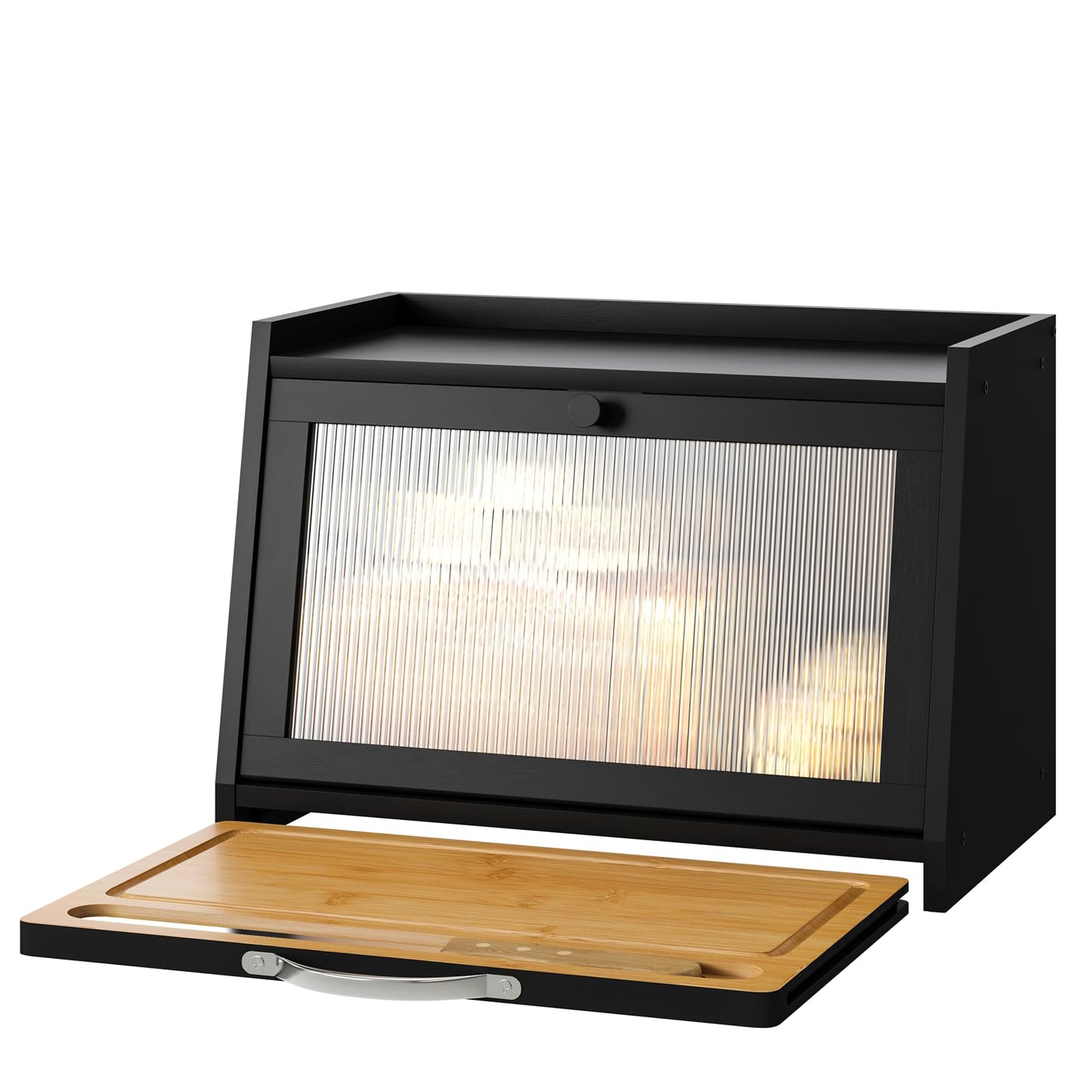 kiplant Bread Box with Cutting Board, Bamboo Bread Box for Kitchen Counter, Bread Storage Container with Wavy Arcylic Transparent Door (Black)