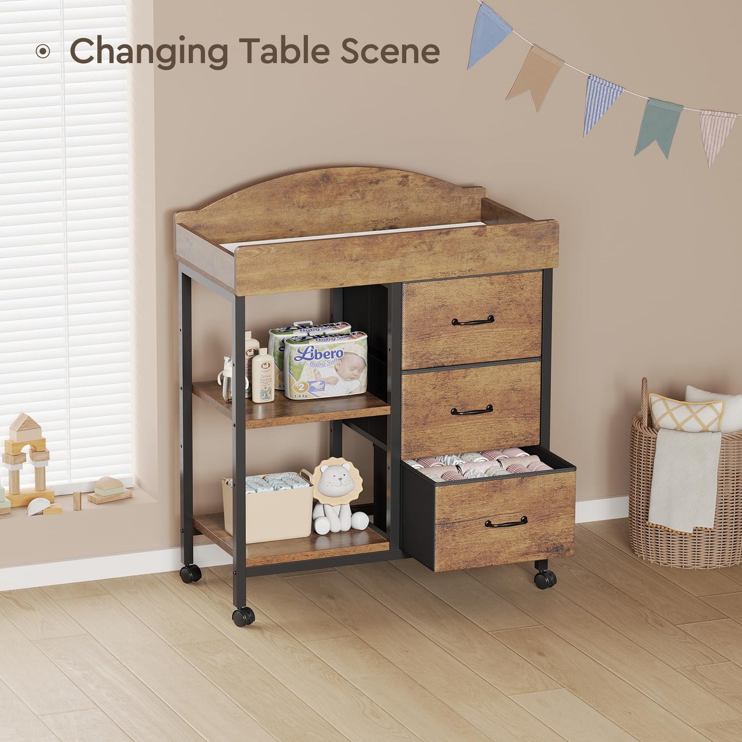 YeTom Changing Table Dresser, Baby Dresser with 3 Fabric Drawers and 2 Shelves, Multi-Functional Baby Changing Table with Pad, Classic Nursery Dresser, Diaper Changing Station, Rustic Brown
