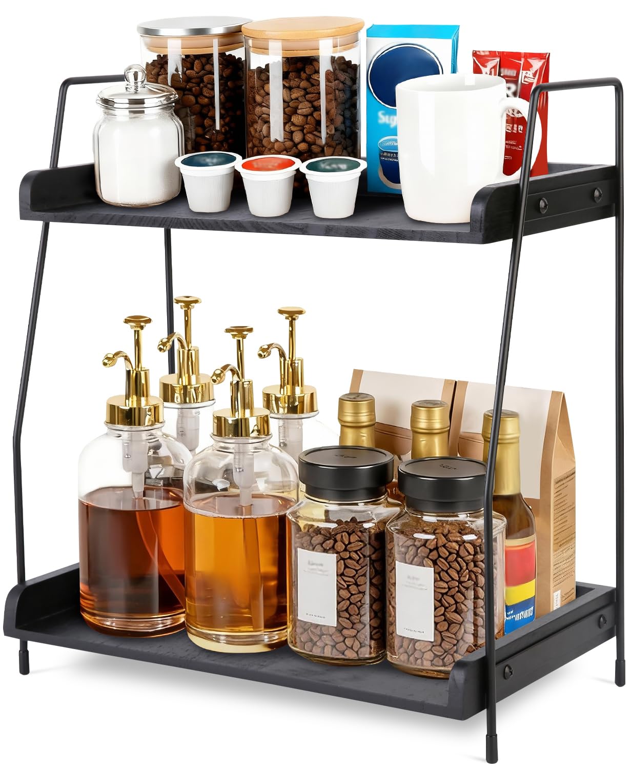 seashpea Coffee Bar Organizer for Countertop, 2-Tier Coffee Station Organizer with Metal Frame & Wooden Shelves, Coffee Accessories Organizer Rack for Pods, Syrups, Cups & Tea Bags (Black)