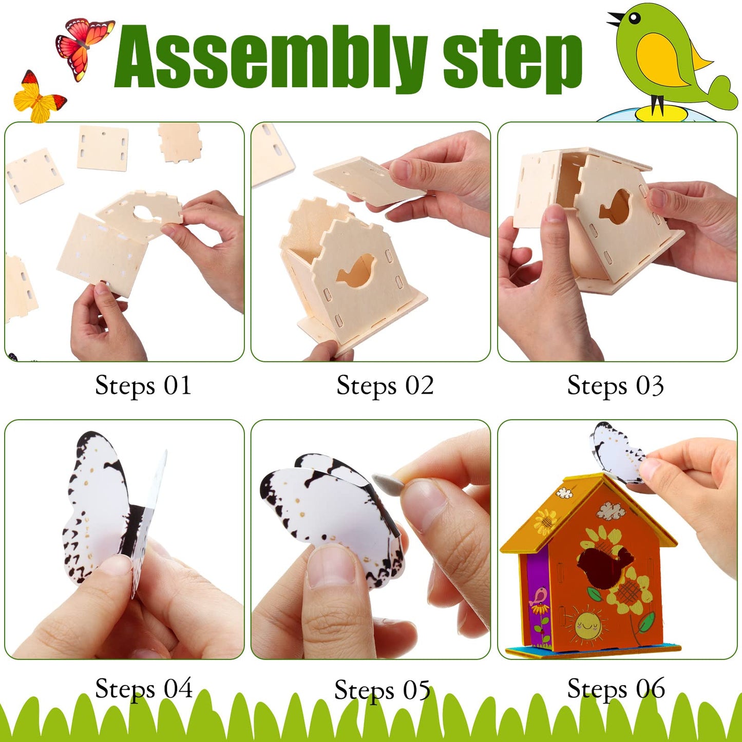 Sawysine 107 Pcs DIY Birdhouse Kits for Kids Ages 5-8 8-12, 48 Wooden Bird House Kits in 6 Shapes and 57 Butterfly Sticker for Children Summer Craft Art Activity, DIY Project(107,Multiple Entrance)