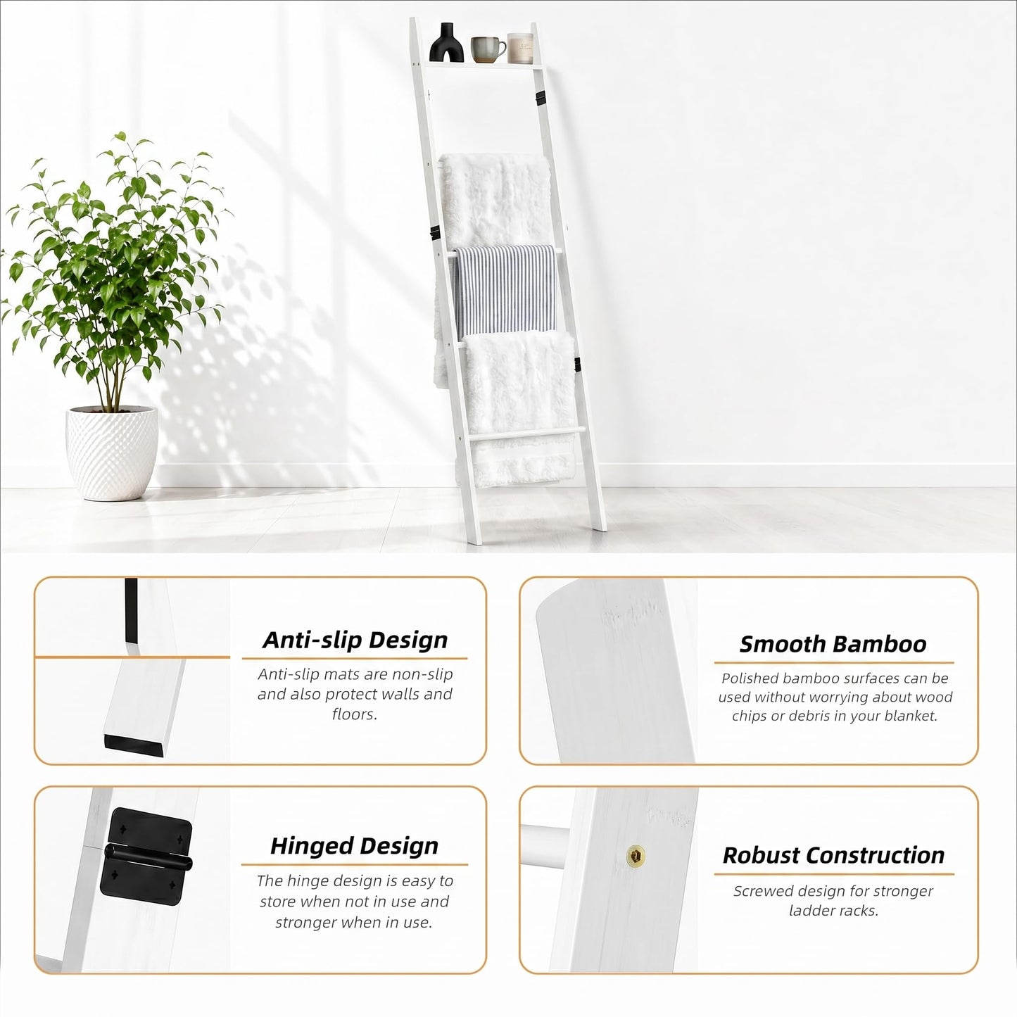 Plusinthebox 6 Tier Blanket Ladder with Shelf, Wooden Blanket Rack for Living Room, Leaning Towel Ladder Rack for Bedroom, Bathroom, Quilts, Throws, Towels and Farmhouse Décor White