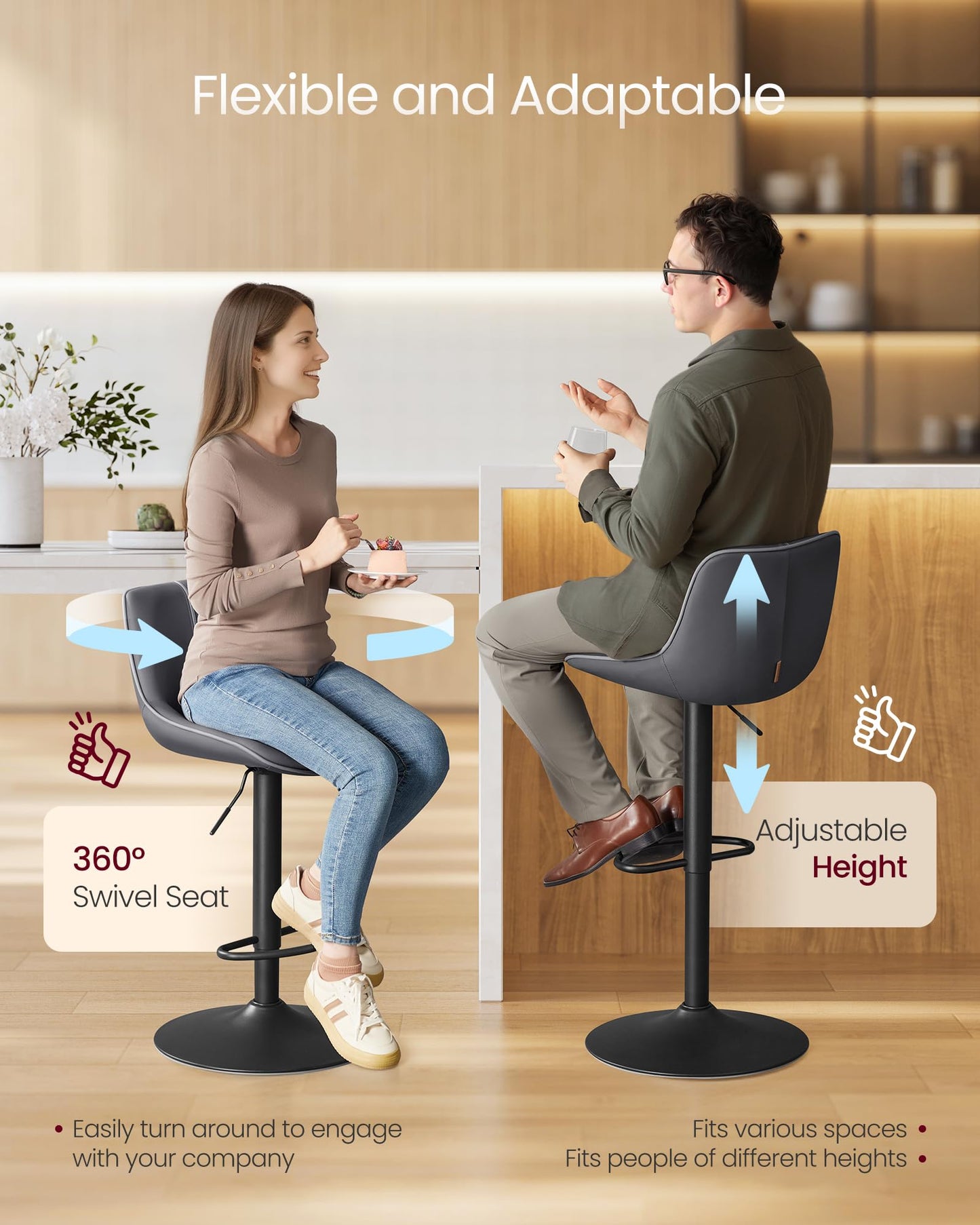 VASAGLE Bar Stools Set of 2, Adjustable Height Swivel Barstools with Ergonomic Backrest, Synthetic Leather, Larger Metal Base, Modern Tall Bar Chairs for Kitchen Island Home Bar, Ink Black