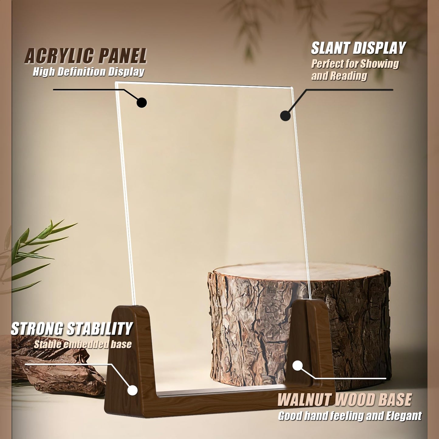 Walnut Wood U-Base 5"x7"Sign Holder Set – Premium U-Shaped Tabletop Display Stand with Clear Acrylic Panels,4Pack (3 Vertical + 1 Horizontal)5*7inches – Ideal for Photo, Menu, QR Code, Café, Home Décor