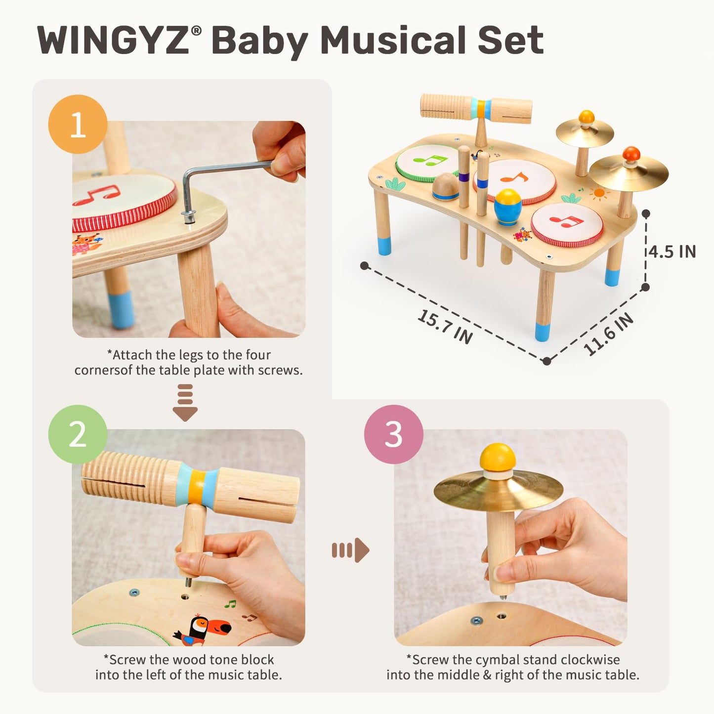 WINGYZ 11-in-1 Toddler Drum Set-Low Noise Wooden Baby Musical Instruments for Toddlers 1-3 & Montessori Musical Toys,Music Table with Bongo Drums, Cymbals, Maracas & Wrist Bells for Early Rhythm Play
