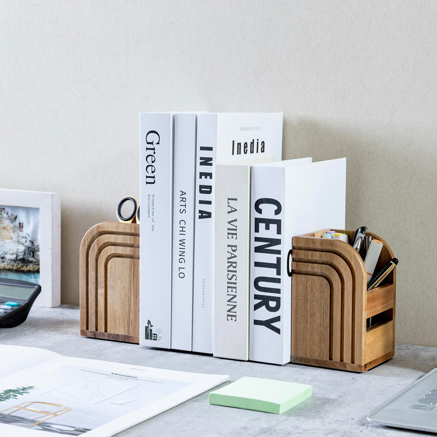 MyGift Premium Acacia Solid Wood Bookends and Pencil Holders with Modern Etched Arch Design, Office Desk Book Ends with Natural Wooden Art Deco Pen Cups, 1 Pair