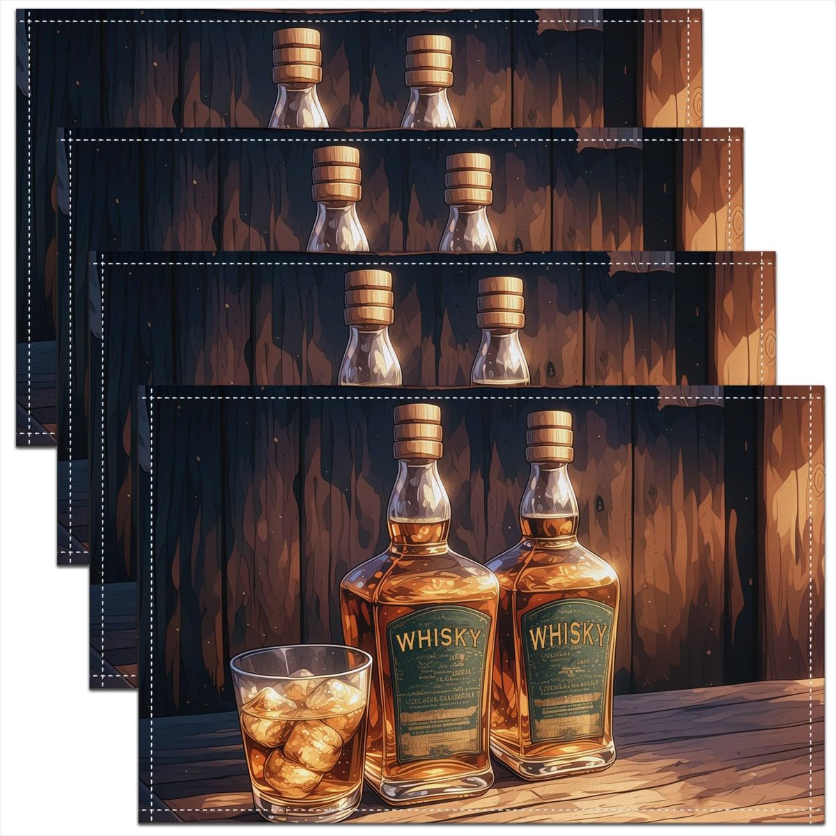Whiskey 12x18 Inch Placemats for Dining Table,Beer Glass Bar Waterproof Table Place Mat for Party Decoration,Retro Wooden Board Washable Table Mats Set of 4