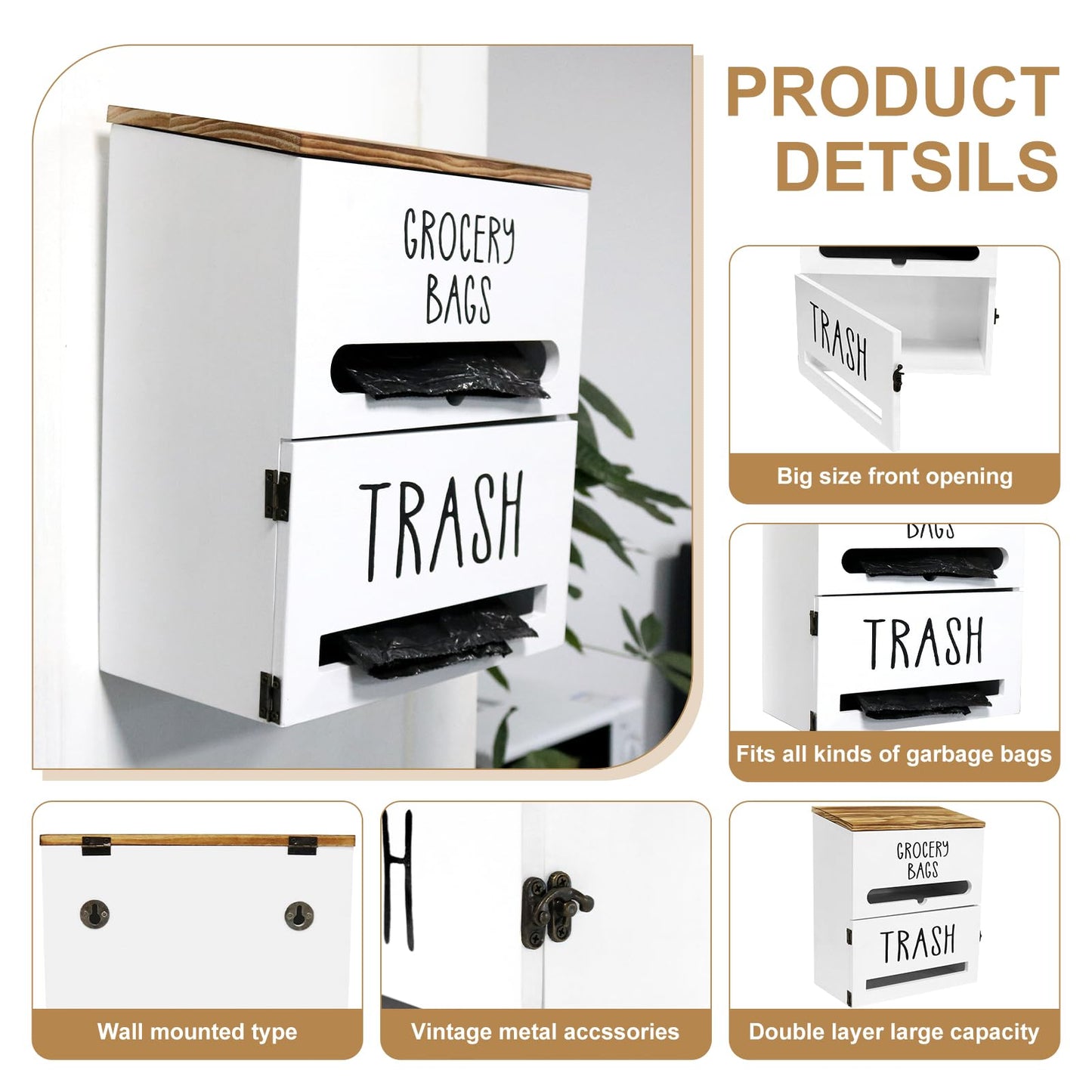 Liuceny 2 in 1 Trash Bag Dispenser, Double Wall Mounted,Wood Trash Bag Holder, used in kitchen, garage, laundry room, can store Environmentally friendly food bags and garbage bags (White)