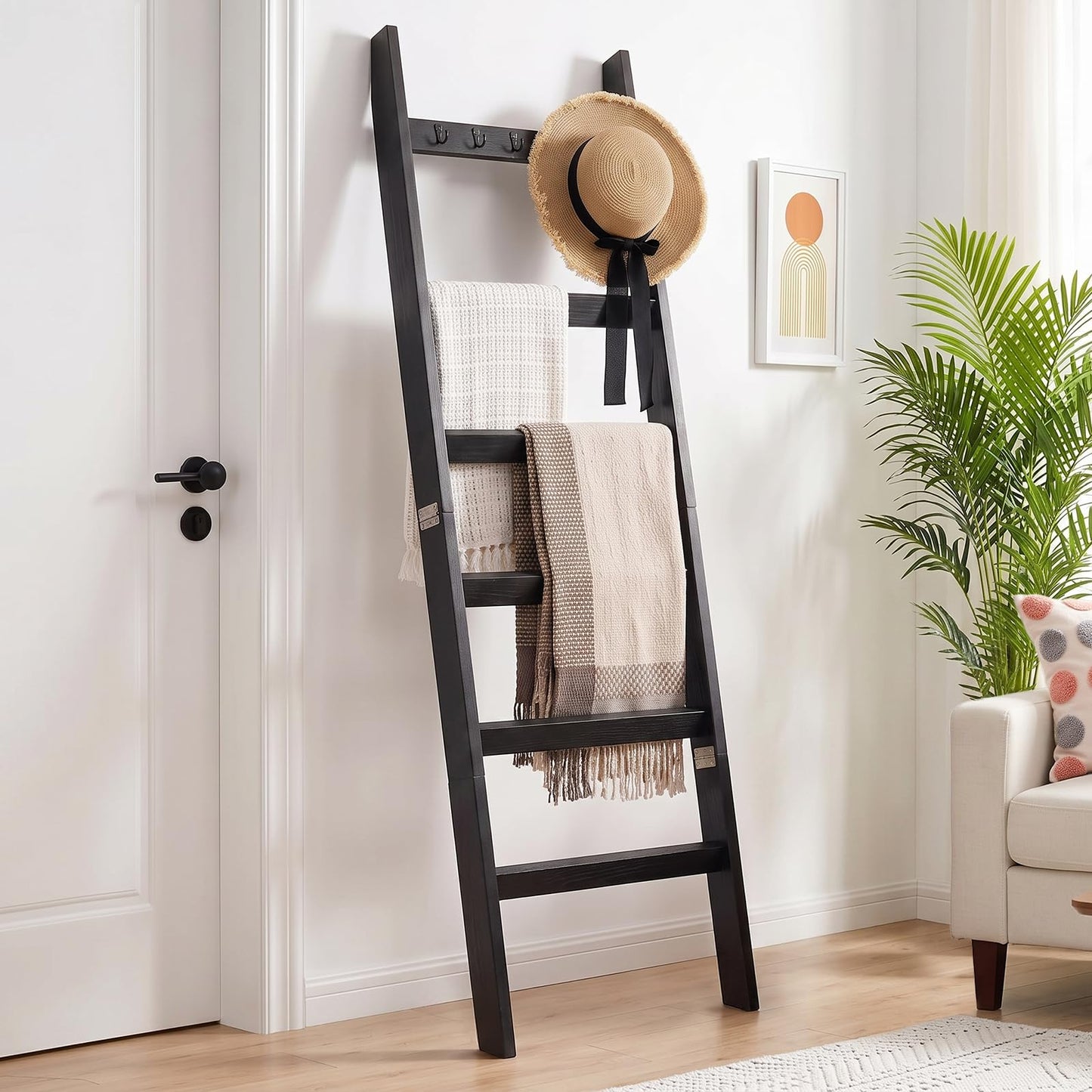 TEAKMAMA 6-Tier Blanket Ladder for Living Room and Bedroom,5.4 Ft Wall Leaning Quilt Rack with Hooks,Rustic Decorative Farmhouse Blanket Storage,Stylish Ladder Holder,Christmas Decorations,Black