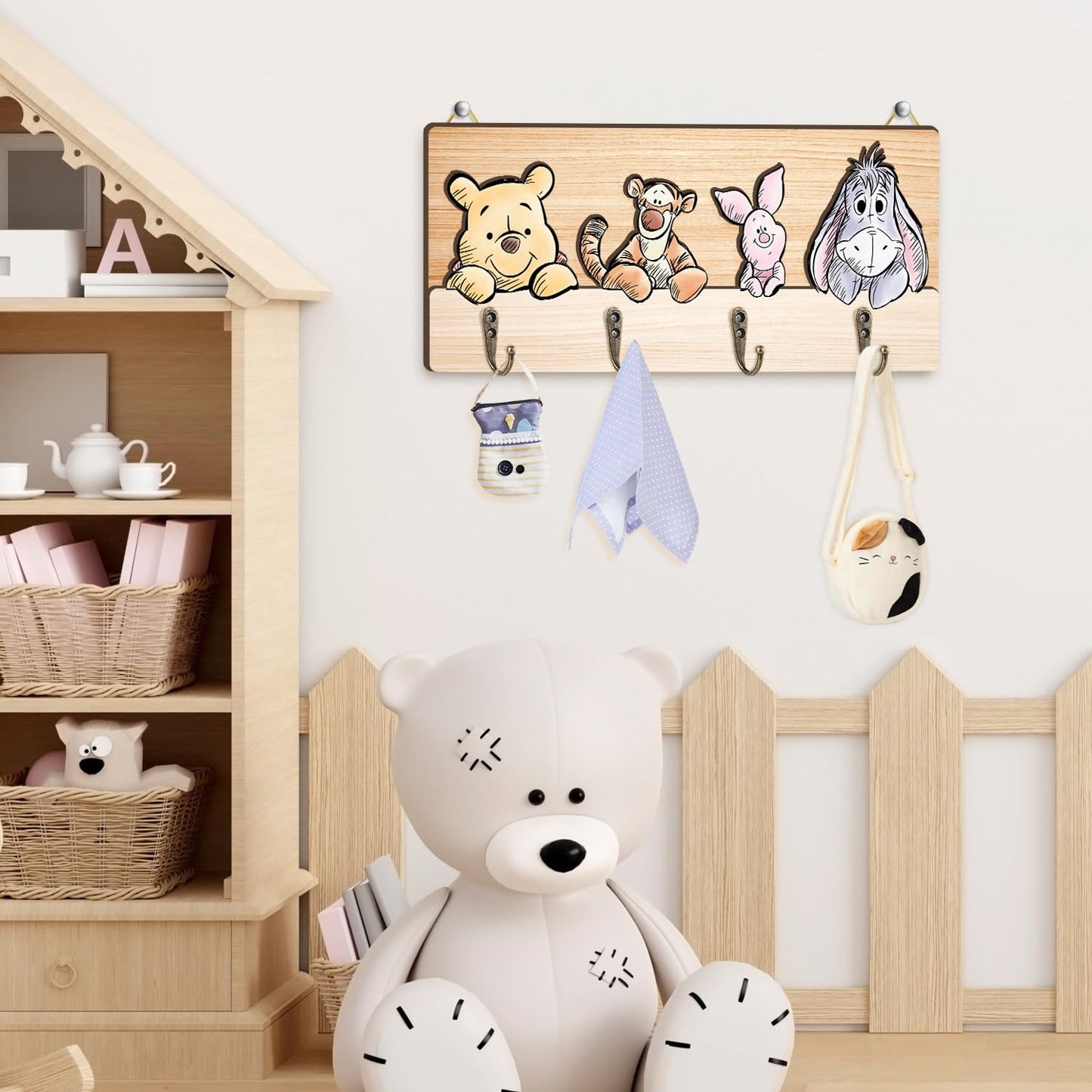 ZsaTuiy Winnie Nursery Bathroom Bedroom Wall Decor, Wooden Hanger Rail with 4 Pegs,The Pooh Tigger Eeyore Wall Hooks, Winnie Nursery Hook Cute Towel Hanger, The Pooh Home Decoration for Kids Room