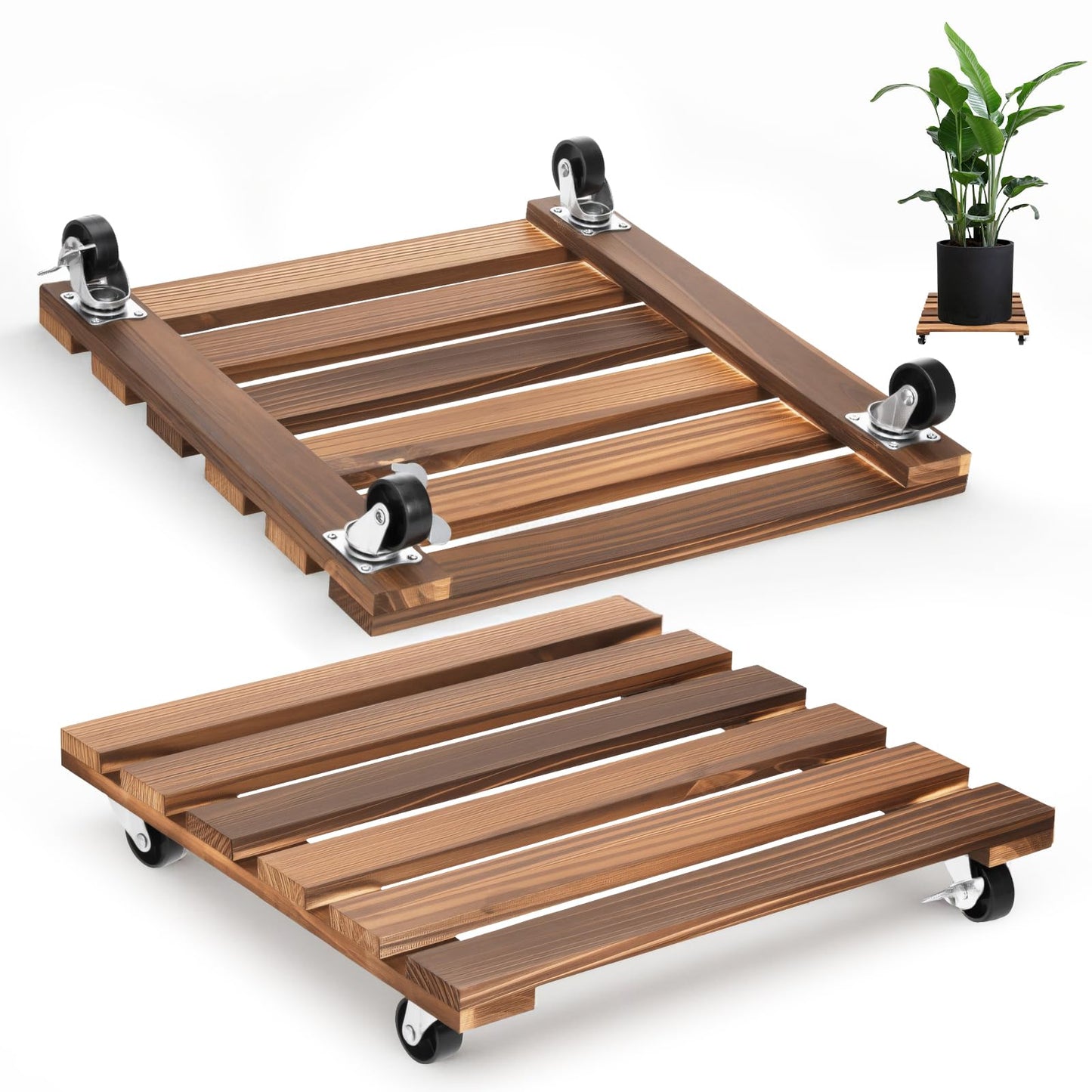 Xelsluthe 2 Pack 16 Inch Wooden Rolling Plant Stand with Lockable Wheels Heavy Duty Square Plant Dolly Pot Risers Roller Base for Indoor Outdoor Planters