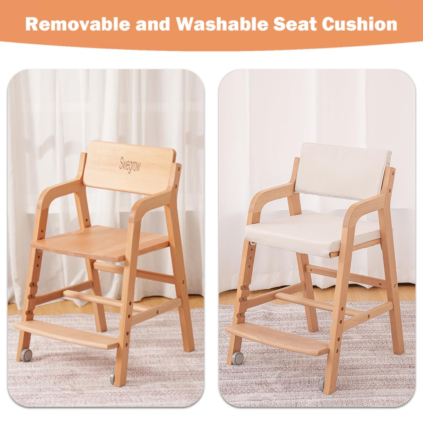 Swegrow Wooden High Chair with 2 Wheels, Adjustable Seat - Backrest - Footrest Heights, Wooden High Chair for Toddlers - Kids and Baby, Kids Dining Chair with Removable Cushion(Beige)