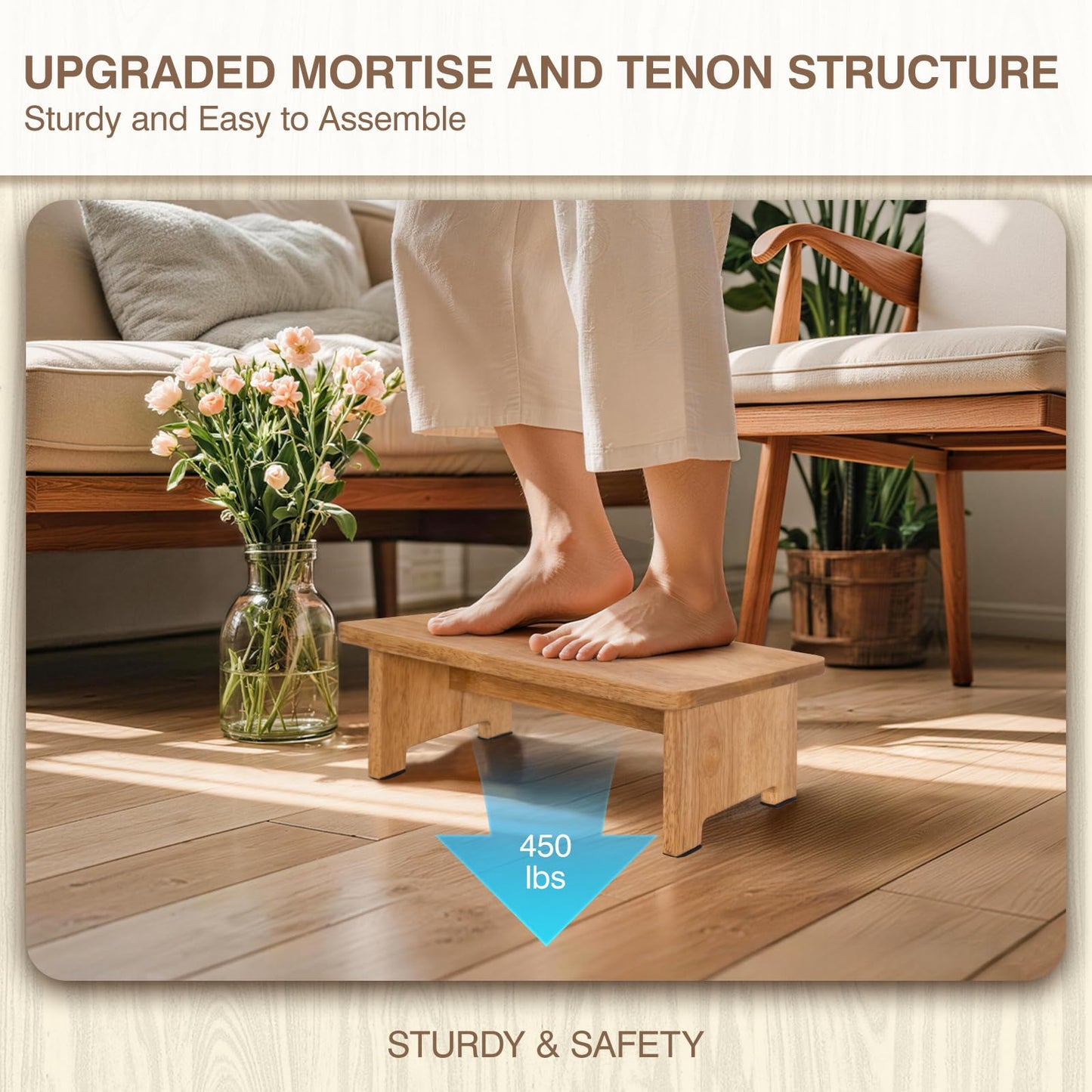 NtrlQidu Solid Wood Stool Wooden Step Stools for Adults Kids with Anti-Slip Feet, Heavy Duty Stepping Stools with 450-LBS Capacity for Bedroom Kitchen Bathroom, Bed Steps for High Beds