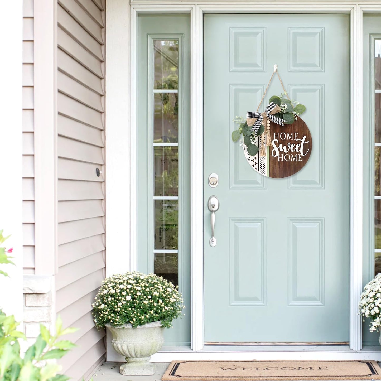 TOARTi 3D Welcome Front Door Wreath Porch Decor, Wooden Home Sweet Home Boho Outdoor Sign Hanging, Farmhouse Aztec Wall Sign Hanger with Artificial Leaves&Rustic Beads