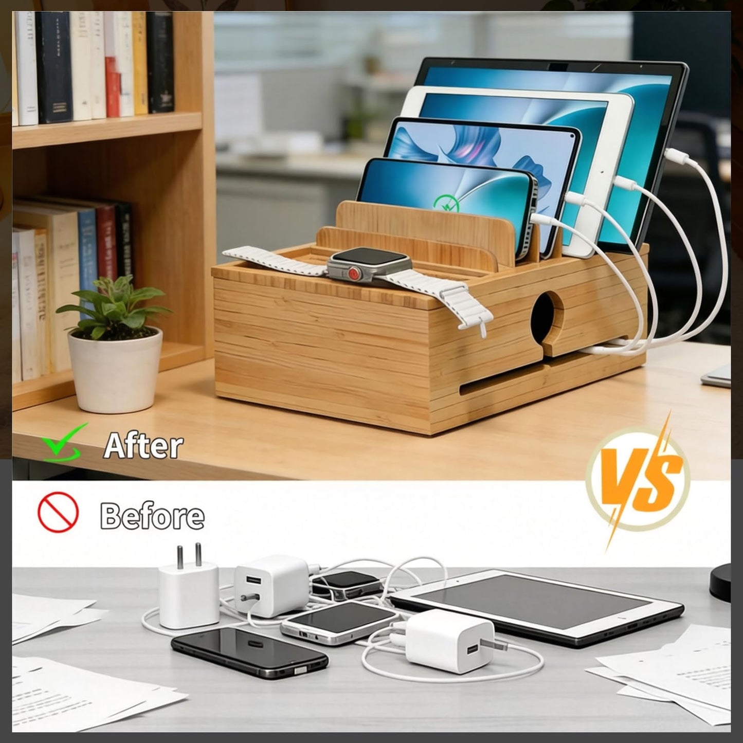PERFECYEE Bamboo Charging Station Organizer for Multi-Devices with Tray, Nightstand Desk Electronic Organizer Stand for Cell Phone, Tablet, Etc (with 5-Cable, No USB Charger)