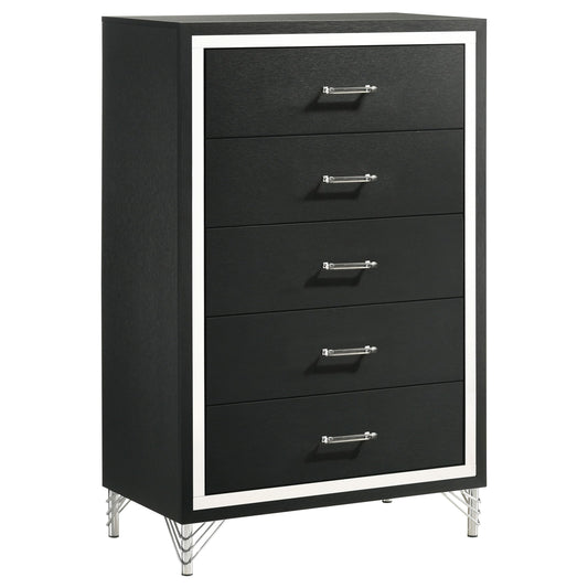 Coaster Home Furnishings - Lucia - Wood & Metal - 5-Drawer Chest with Chrome Trim, Hairpin Legs and Bar Pulls - Modern Classic - Bedroom - Black - 224995