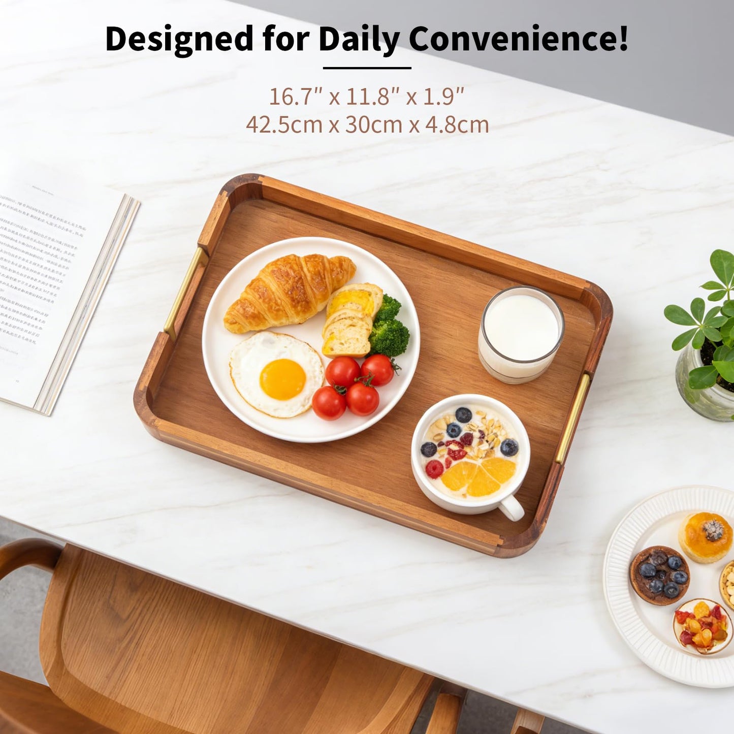 Wooden Serving Tray with Handle 16.7″ Acacia Wooden Tray for Ottoman Rectangle Ottoman Table Tray Serving Tray for Ottoman Decorative Tray for Dinner Breakfast Entertaining Guests