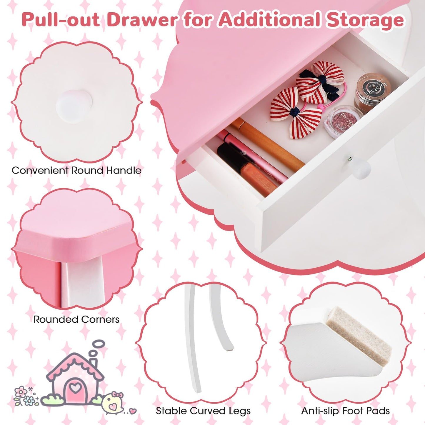 HONEY JOY Kids Vanity, Toddler Wooden Makeup Vanity Table & Chair Set, Tri-Fold Princess Mirror, Little Girls Vanity Set with Mirror and Stool (Pink)