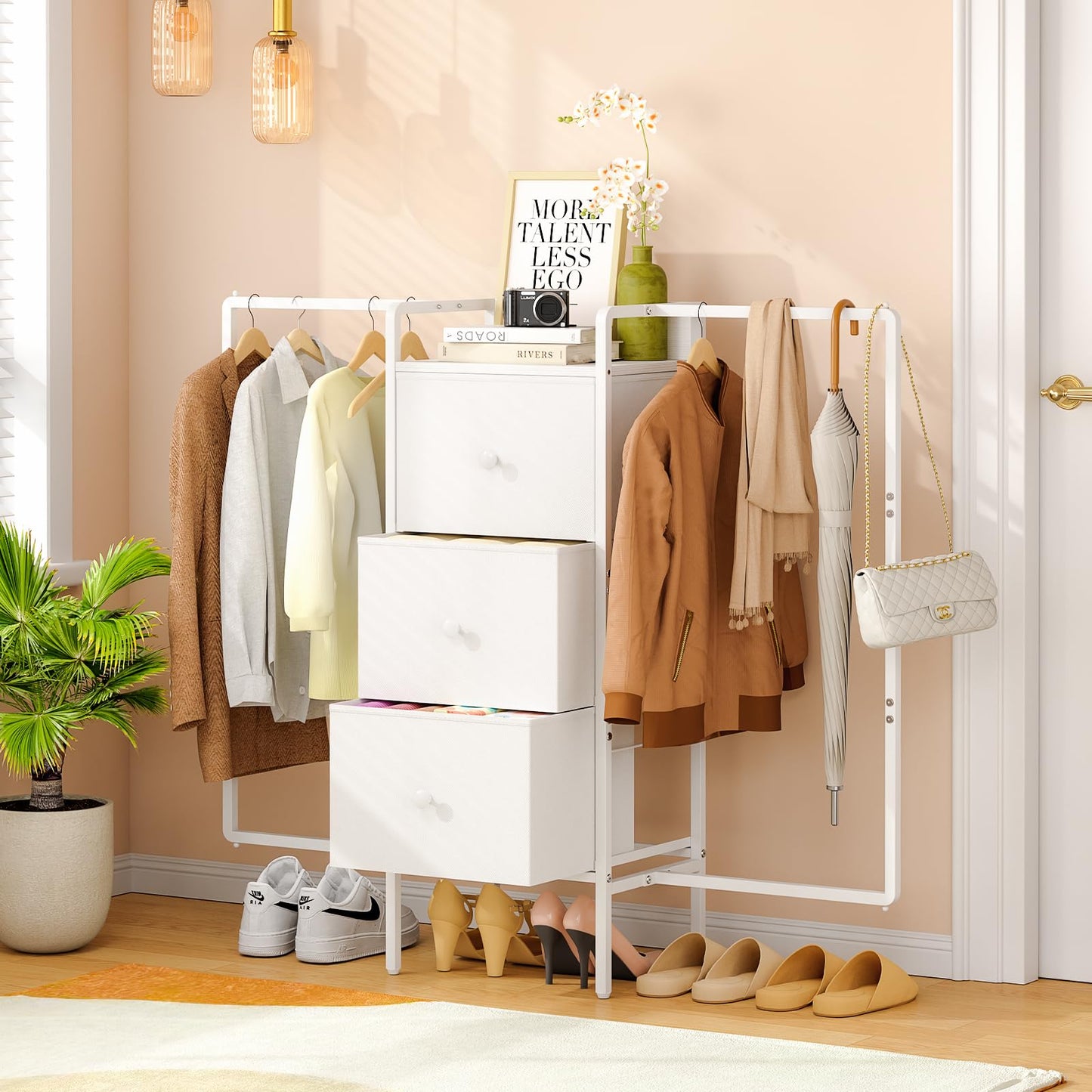 3IngSeagulls Kids Dressers for Bedroom with 2 Hanging Racks, Small Dresser for Bedroom with 3 Drawers, 53'H Faric Chest of Drawers with Clothes Rack, Small White Dresser for Kids with Wooden Top