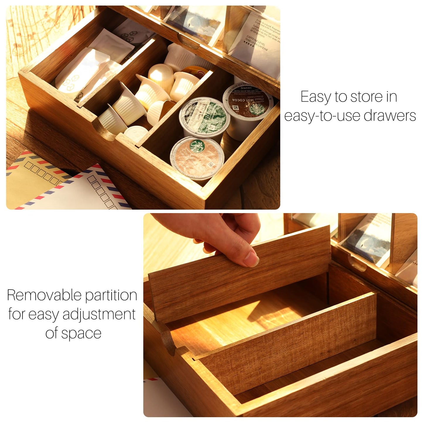 HTB Acacia Wood Tea Organizer 2 Tier with Drawer,Large Capacity
