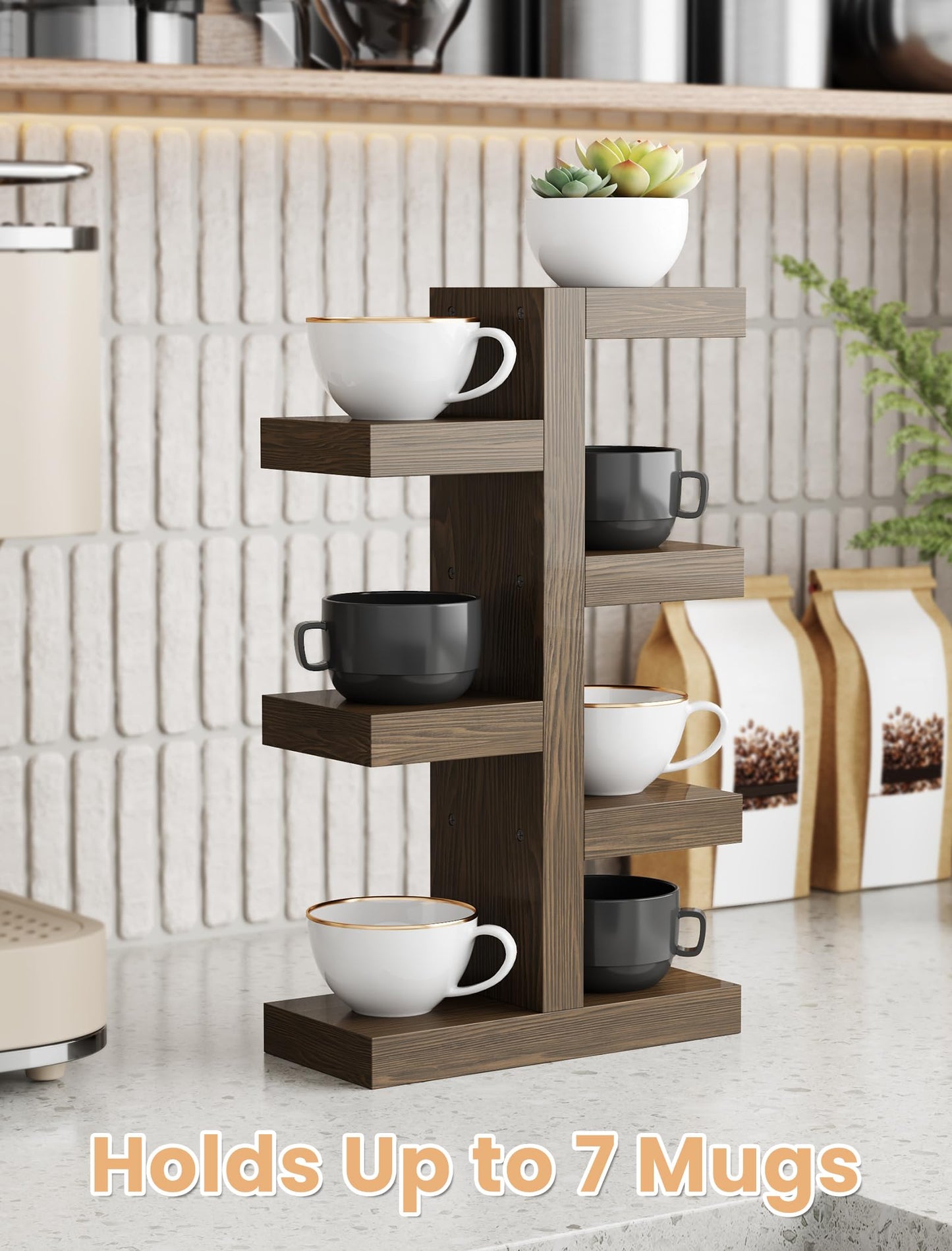 NiHome Coffee Mug Shelf Organizer - Vintage Distressed Wood Countertop Coffee Cup Holder, Holds 7 Mugs, Sturdy Mug Rack with Non-Slip Feet, Mugs Display Shelf, Curio Shelf, Knick Knack Shelf