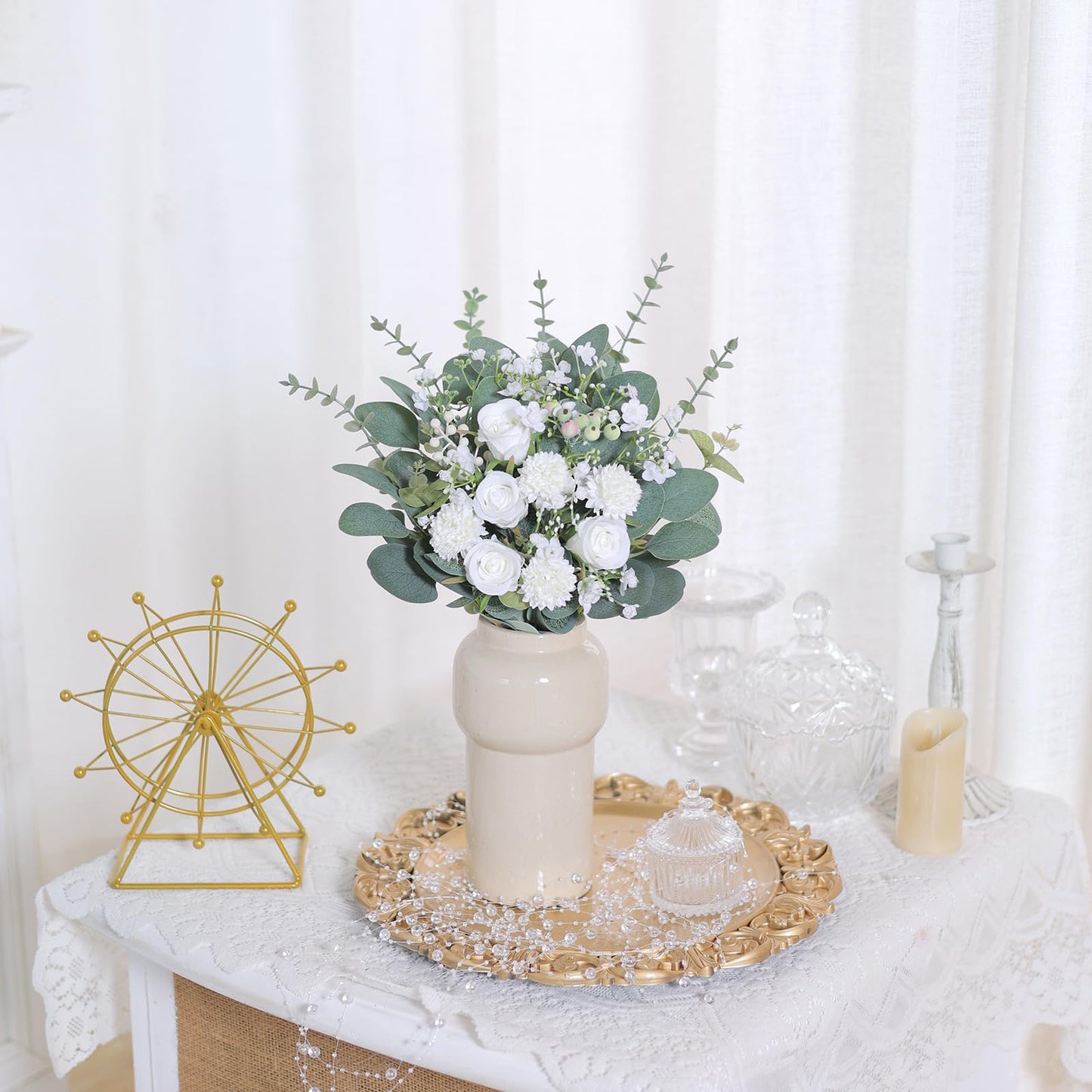 110 Pcs 7 Kinds Mixed Artificial Eucalyptus Stems and Faux Flowers,Fake Silver Dollar Eucalyptus Leaves Stems Bulk Soft Textured Leaf Branches for DIY Bouquets Floral Arrangement Wedding Home Decor