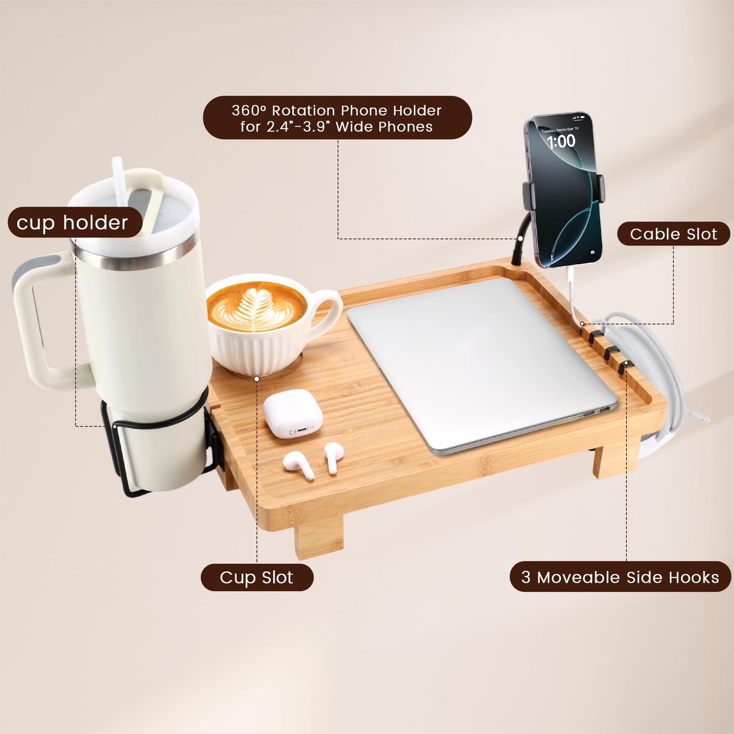 Fivebop Bedside Shelf for Dorm Bed & Top Bunk, Bamboo Bed Side Table Tray with Cup Phone Holder & Hooks, Bedside Caddy, Clip on Nightstand Bedside Storage College Dorm Room Essentials (Bamboo-1)