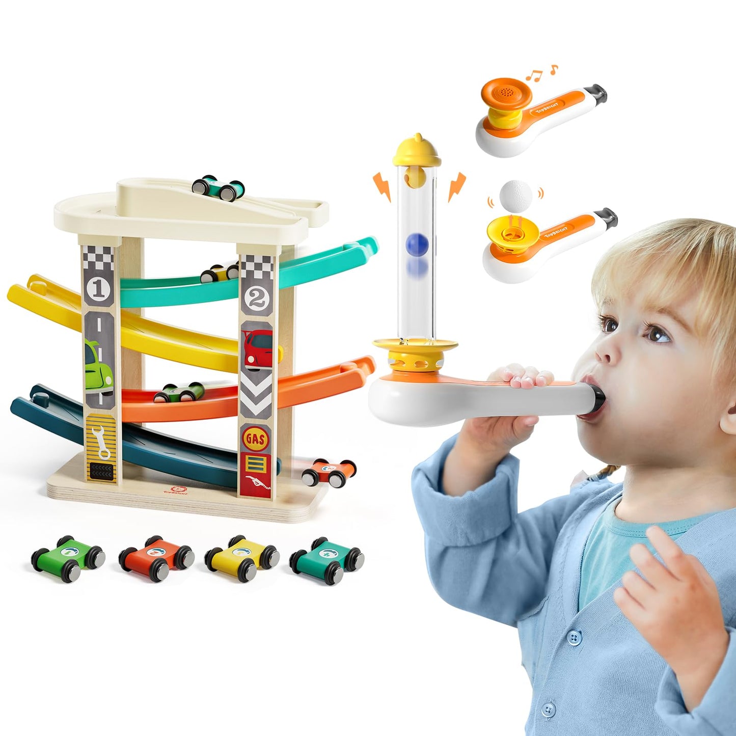 TOP BRIGHT 3 in 1 Sensory Toys & Wooden Race Track Car Ramp Toys