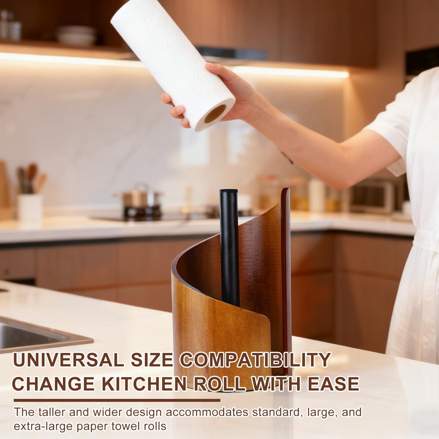 Paper Towel Holder - 100% Natural Wood, Wooden Wood Stand with Iron Base, Wooden Paper Towel Holder for Kitchen, Desktop, Cabinet (Brown)