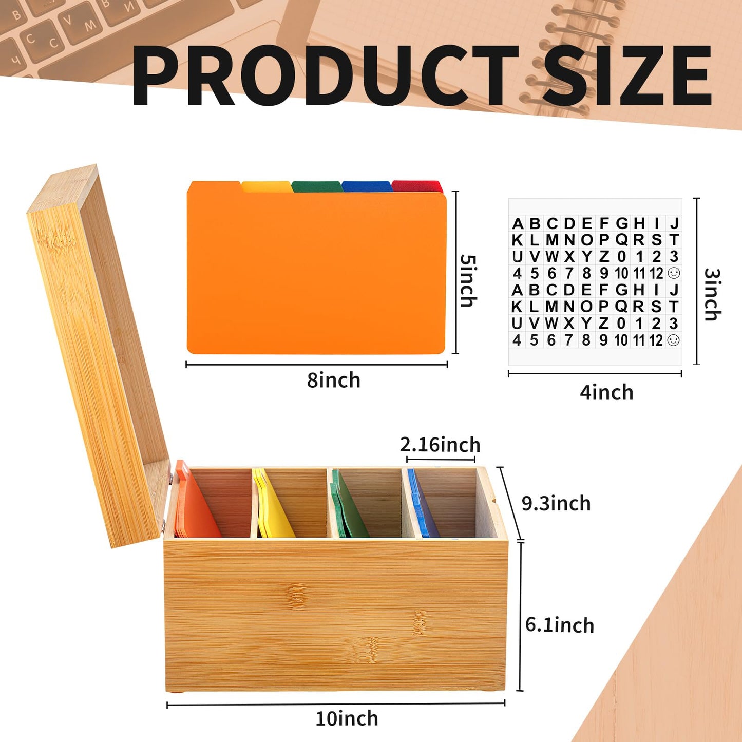 Henoyso 5 x 8 Inch Index Card Holder Set, Bamboo Organizer Box with 50 Dividers & 2 Sheets Alphabet Number Stickers File Note Holders, Holds 1200 Cards for Office Business Home Kitchen, Wooden Color