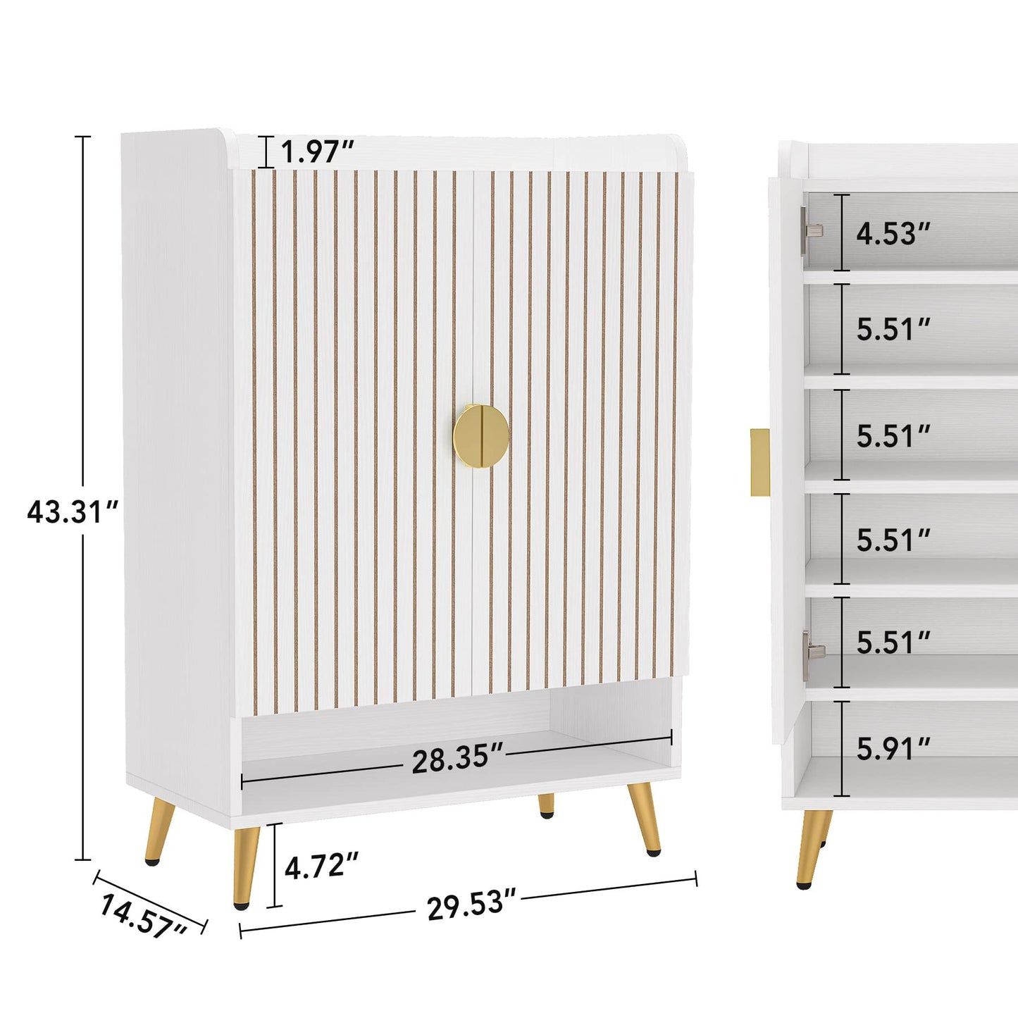 Tribesigns Shoe Cabinet with Doors, 6-Tier Shoe Storage Cabinet with Adjustable Shelves, Wooden Shoes Rack Shoe Storage Organizer for Entryway, Hallway, Closet, Living Room, White & Gold
