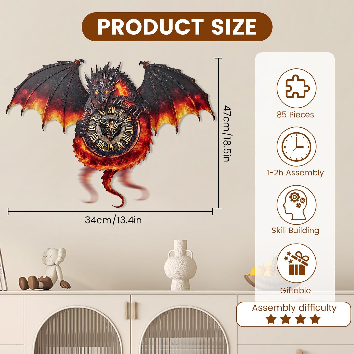 3D Wooden Puzzle Dragon Clock, Mechanical 3D Puzzle for Adults, Adult Crafts Model Clock Kit (with Pendulum), Fire Dragon Decor, Challenging Wooden Puzzles for Adults, Gifts for Women Men